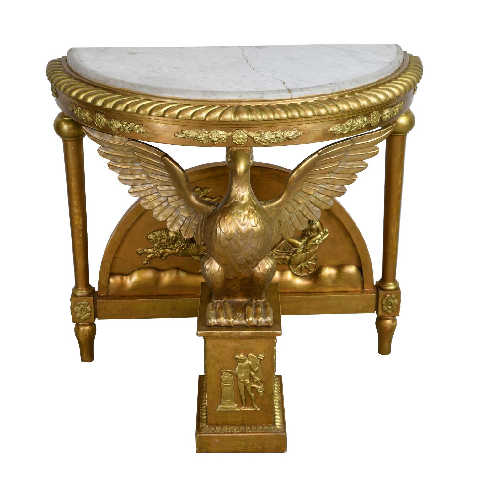 Hand-Carved Swedish Giltwood Karl Johan Demi-Lune Console Table w White Marble Top & Phoenix For Sale
