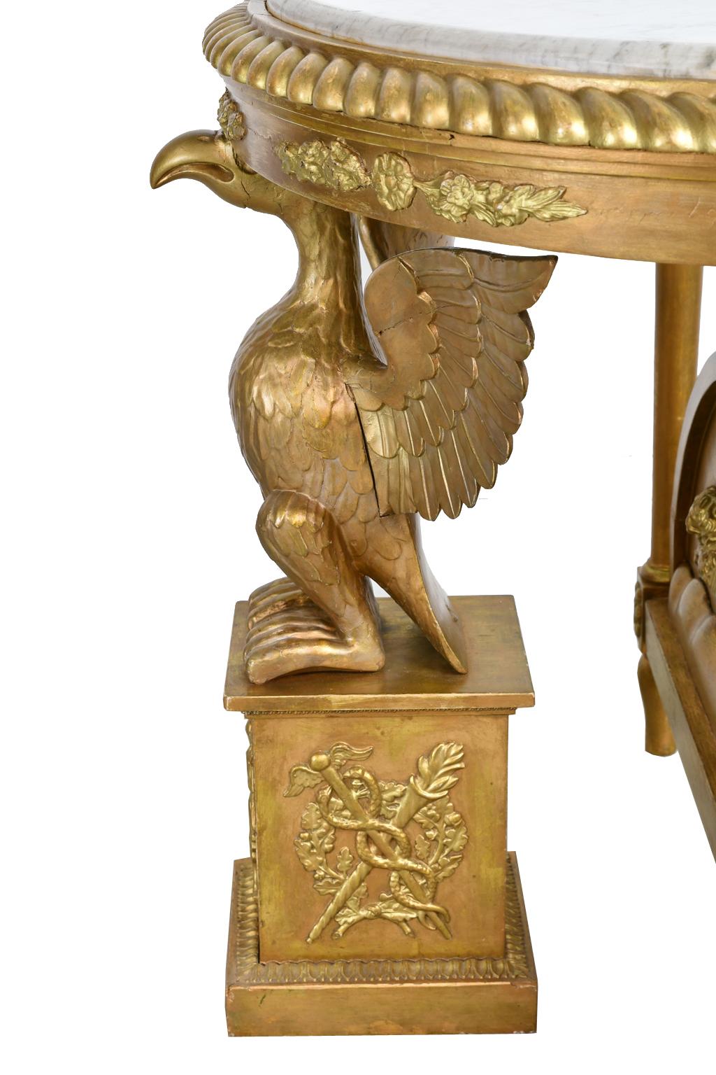 Swedish Giltwood Karl Johan Demi-Lune Console Table w White Marble Top & Phoenix In Good Condition For Sale In Miami, FL