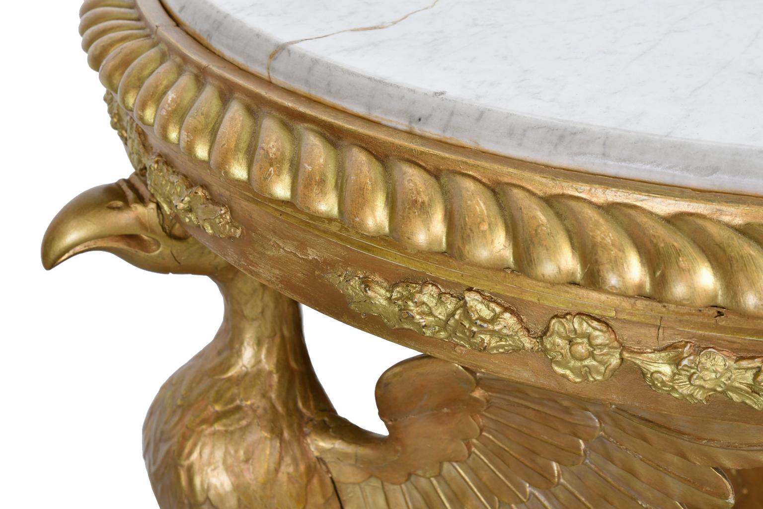 Swedish Giltwood Karl Johan Demi-Lune Console Table w White Marble Top & Phoenix For Sale 4