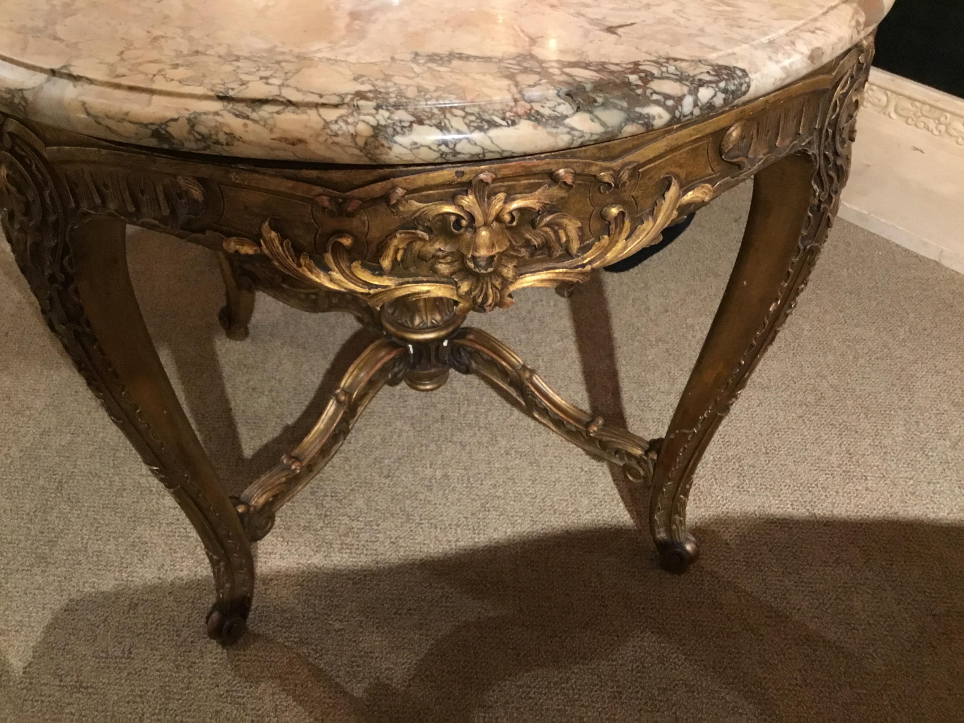Giltwood Louis XV Center Table, 19th Century, Circular Marble Top For Sale 2