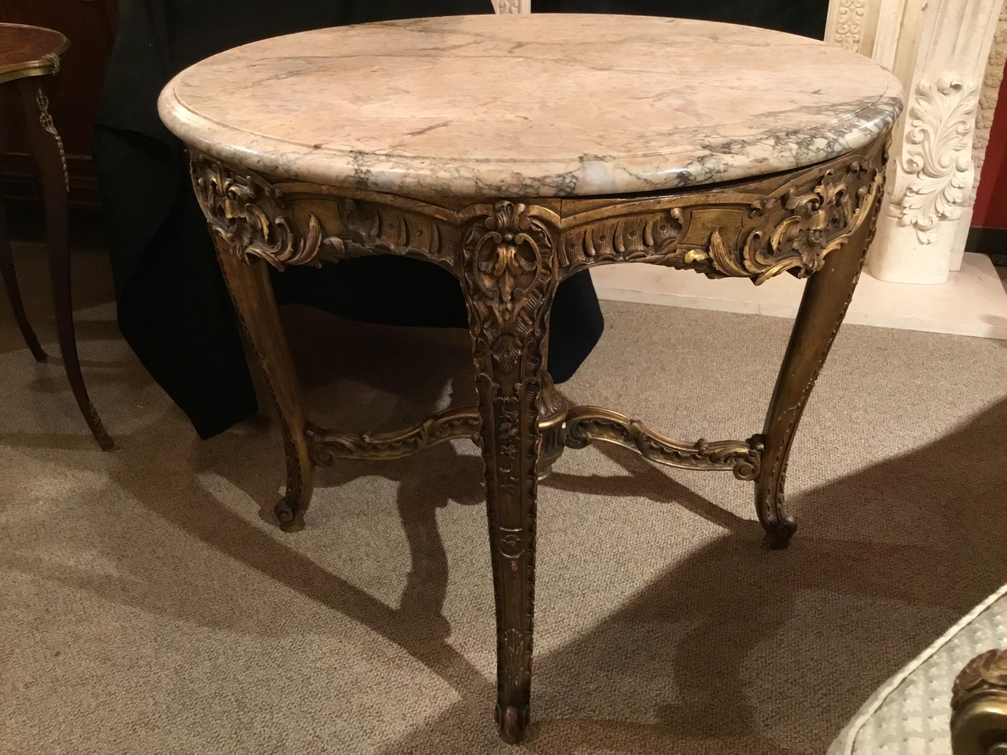 Giltwood Louis XV Center Table, 19th Century, Circular Marble Top For Sale 3