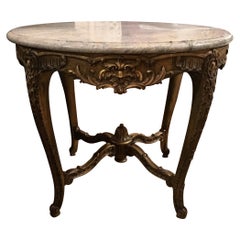 Table de centre Louis XV en bois doré, 19e siècle, plateau circulaire en marbre