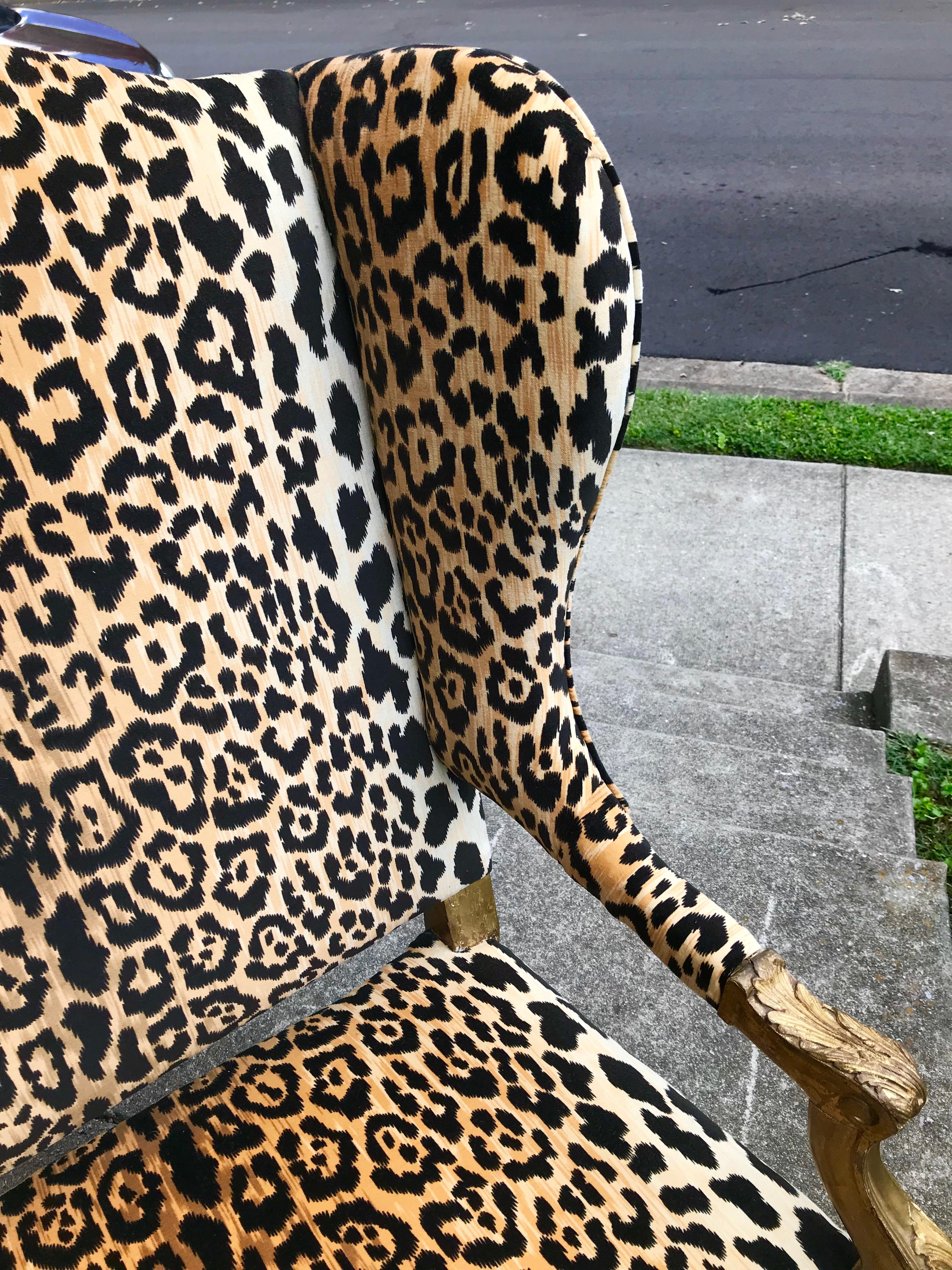 Giltwood Louis XV Style Wing Chair in Faux Leopard Velvet 4