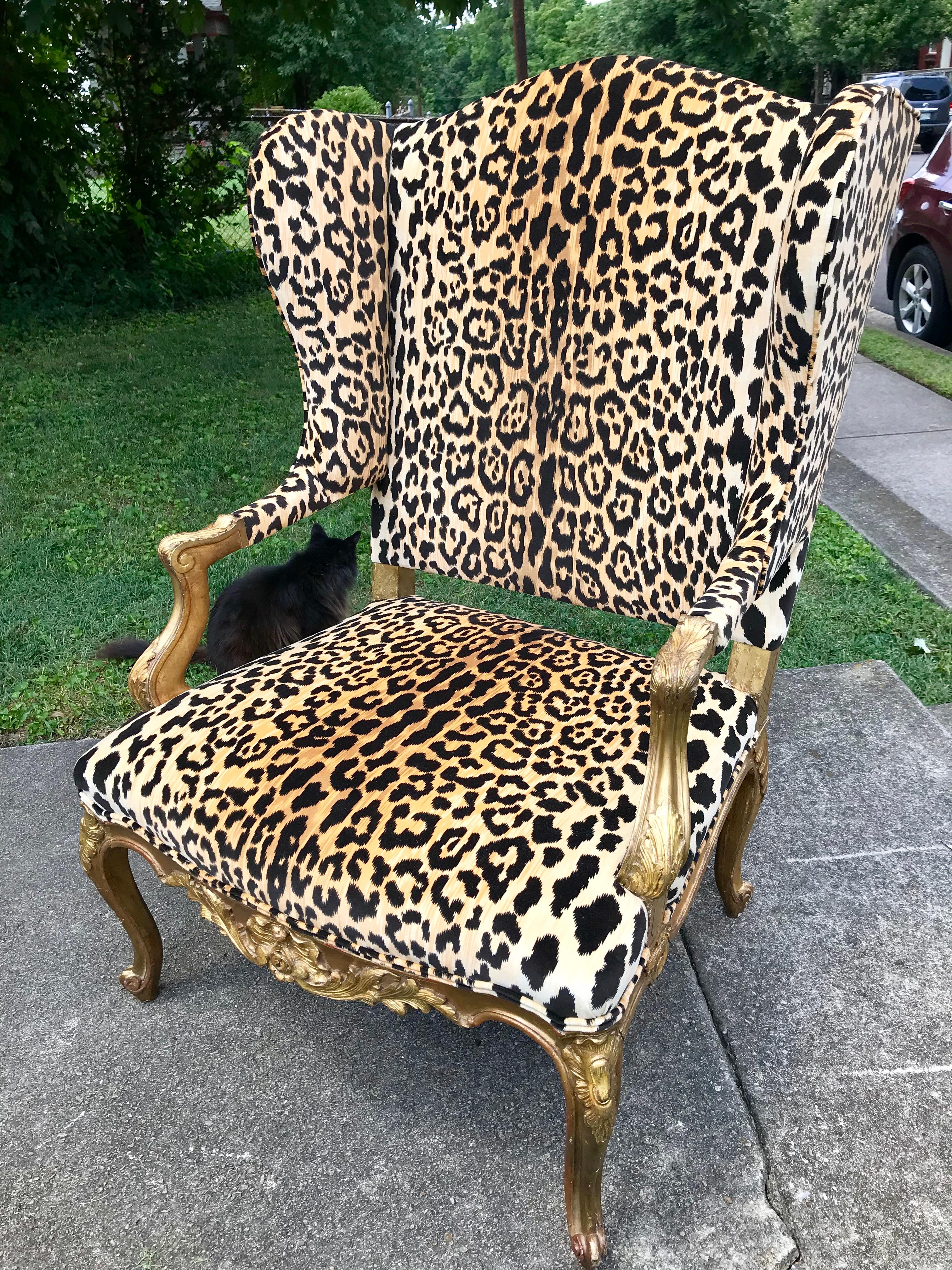 Giltwood Louis XV Style Wing Chair in Faux Leopard Velvet 8