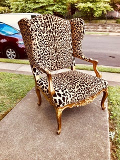 Giltwood Louis XV Style Wing Chair in Faux Leopard Velvet