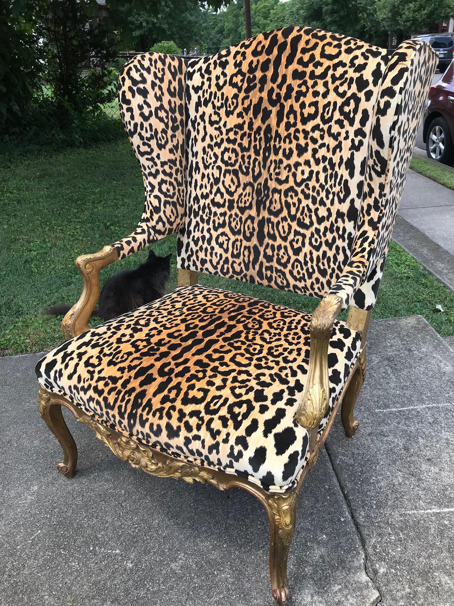 Giltwood Louis XV Style Wing Chair in Faux Leopard Velvet In Good Condition In Nashville, TN