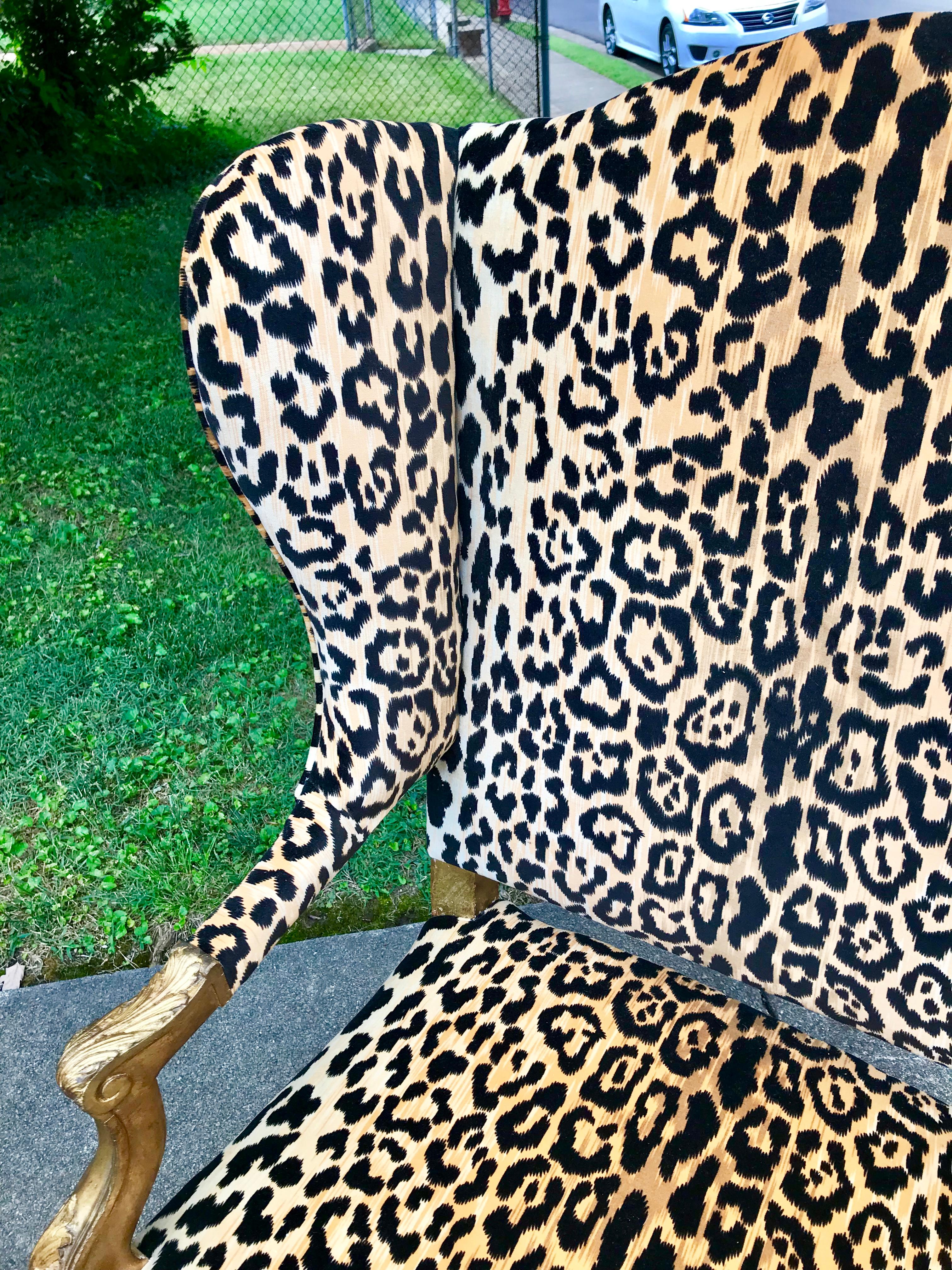 Giltwood Louis XV Style Wing Chair in Faux Leopard Velvet 3