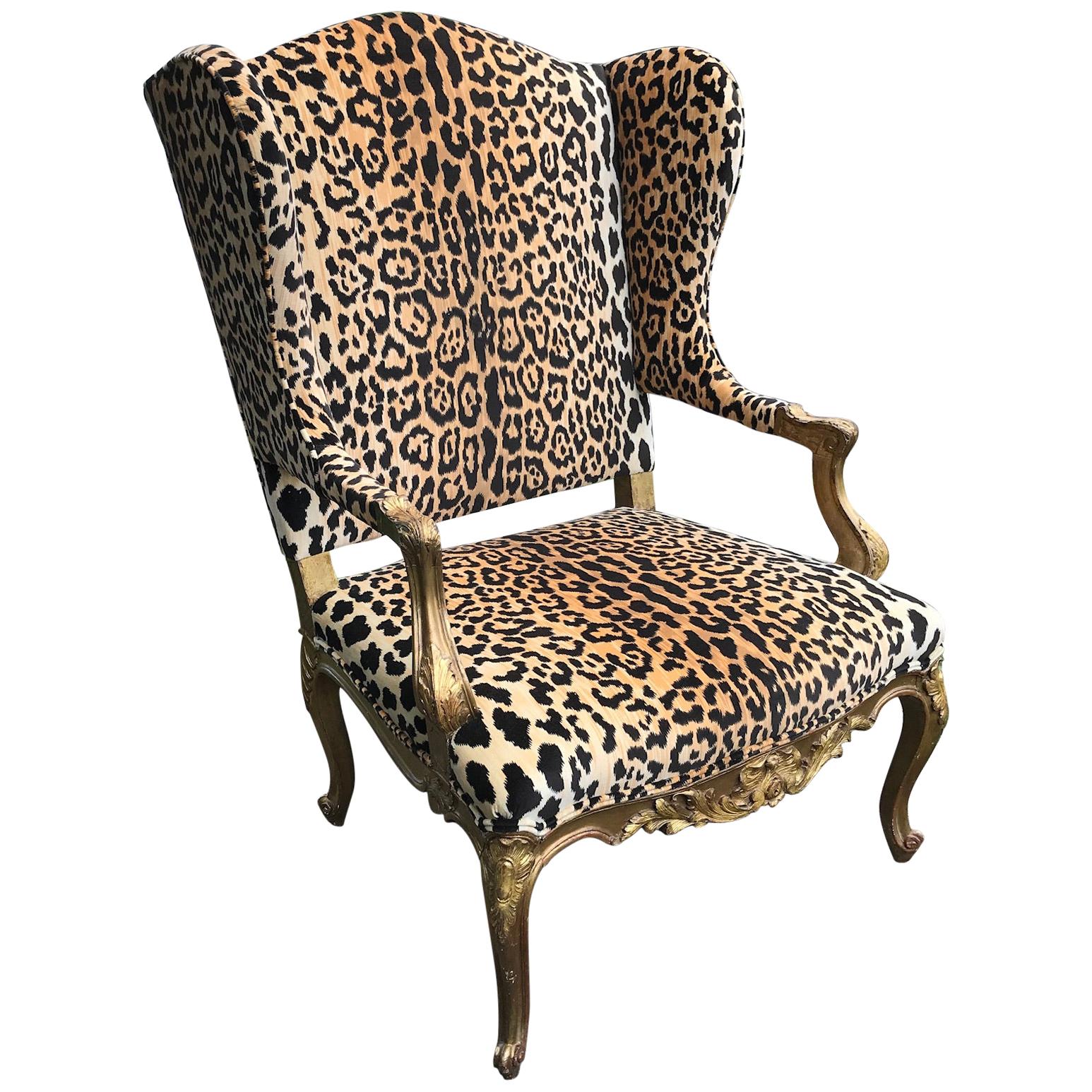 Giltwood Louis XV Style Wing Chair in Faux Leopard Velvet