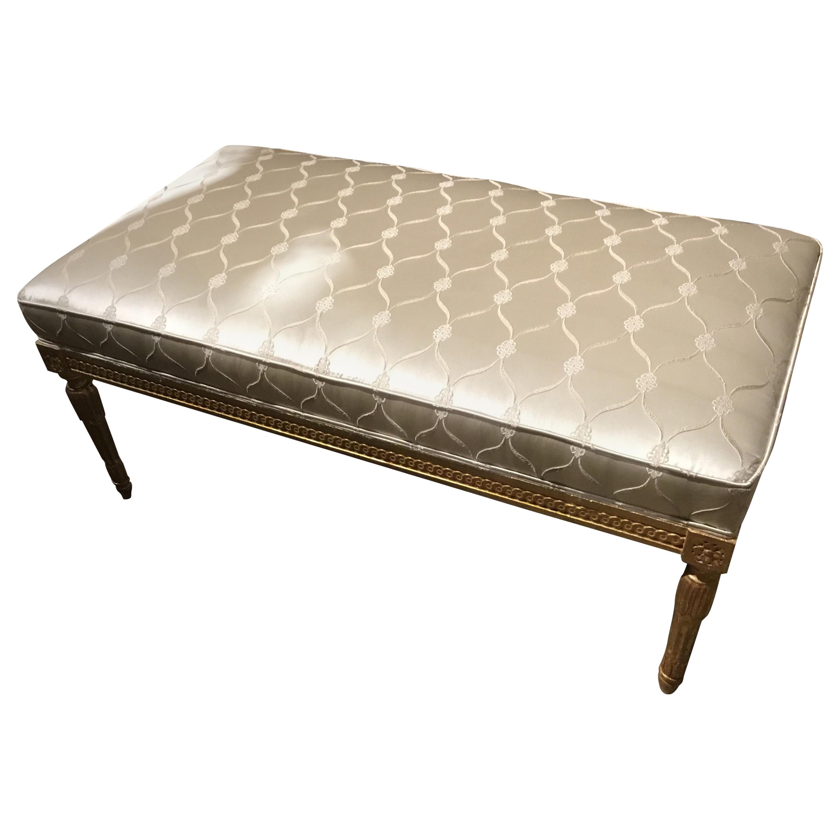 Giltwood Louis XVI Style Bench with White Silk Upholstery For Sale