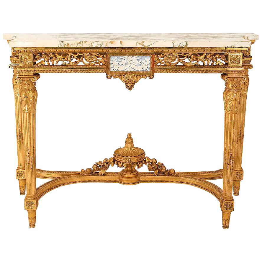 Giltwood Louis XVI Style Console, Grey Brèche Marble, 19th Century