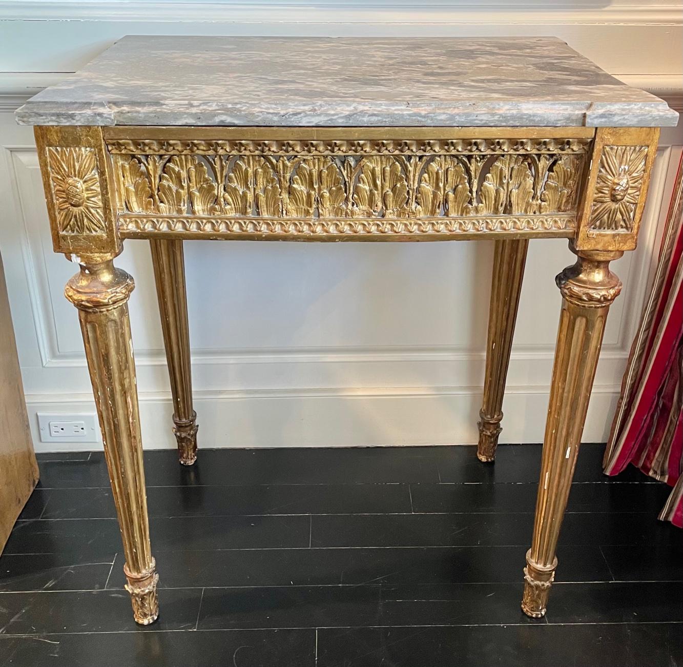 French Giltwood Louis XVI Style Console Table with Marble Top, Neoclassical For Sale