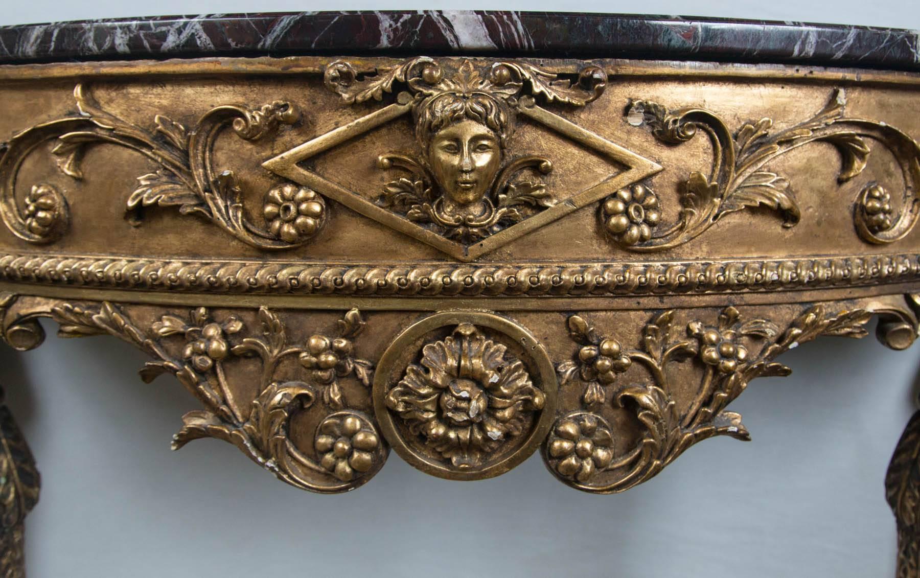 Gesso Giltwood Marble-Top Demilune Console For Sale