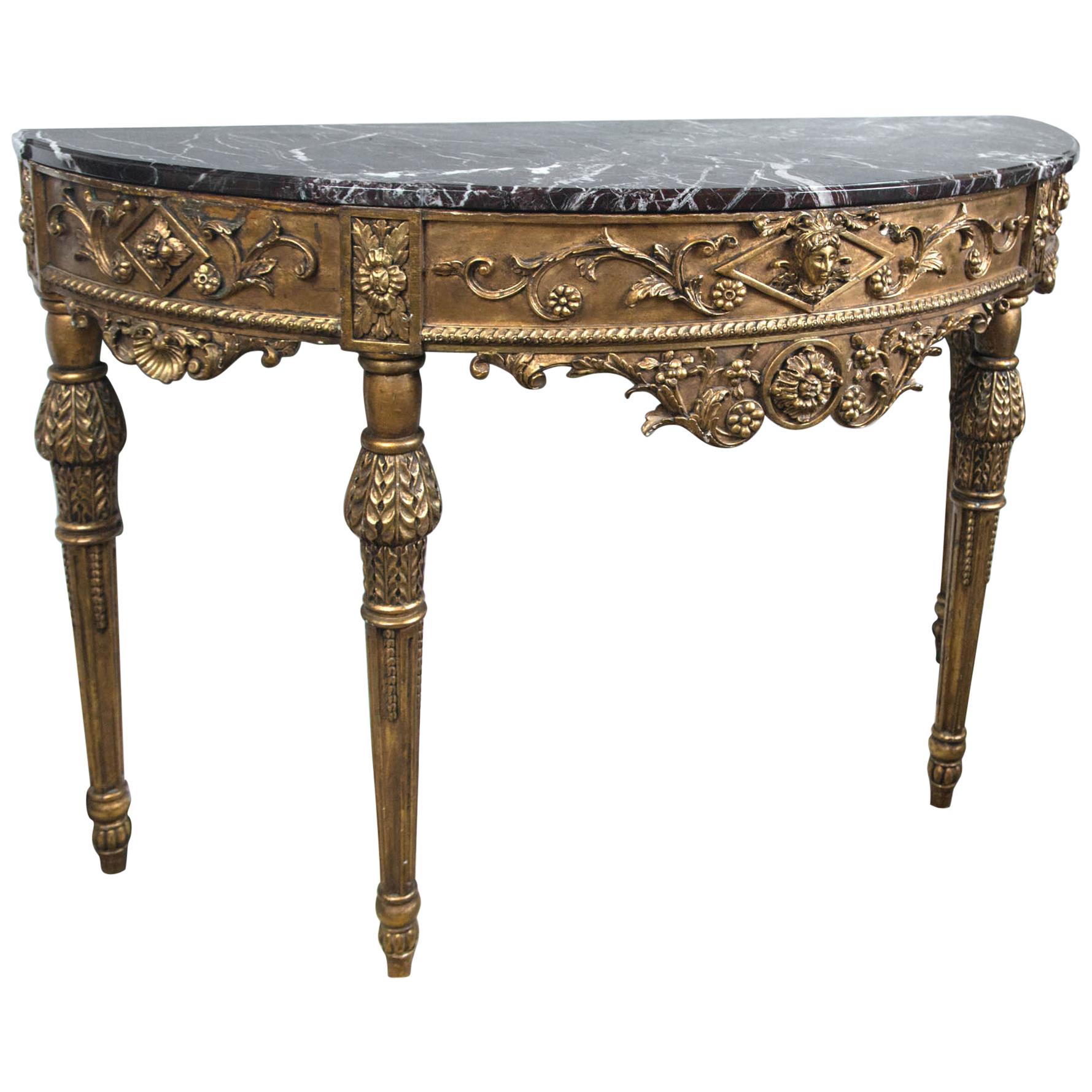 Giltwood Marble-Top Demilune Console