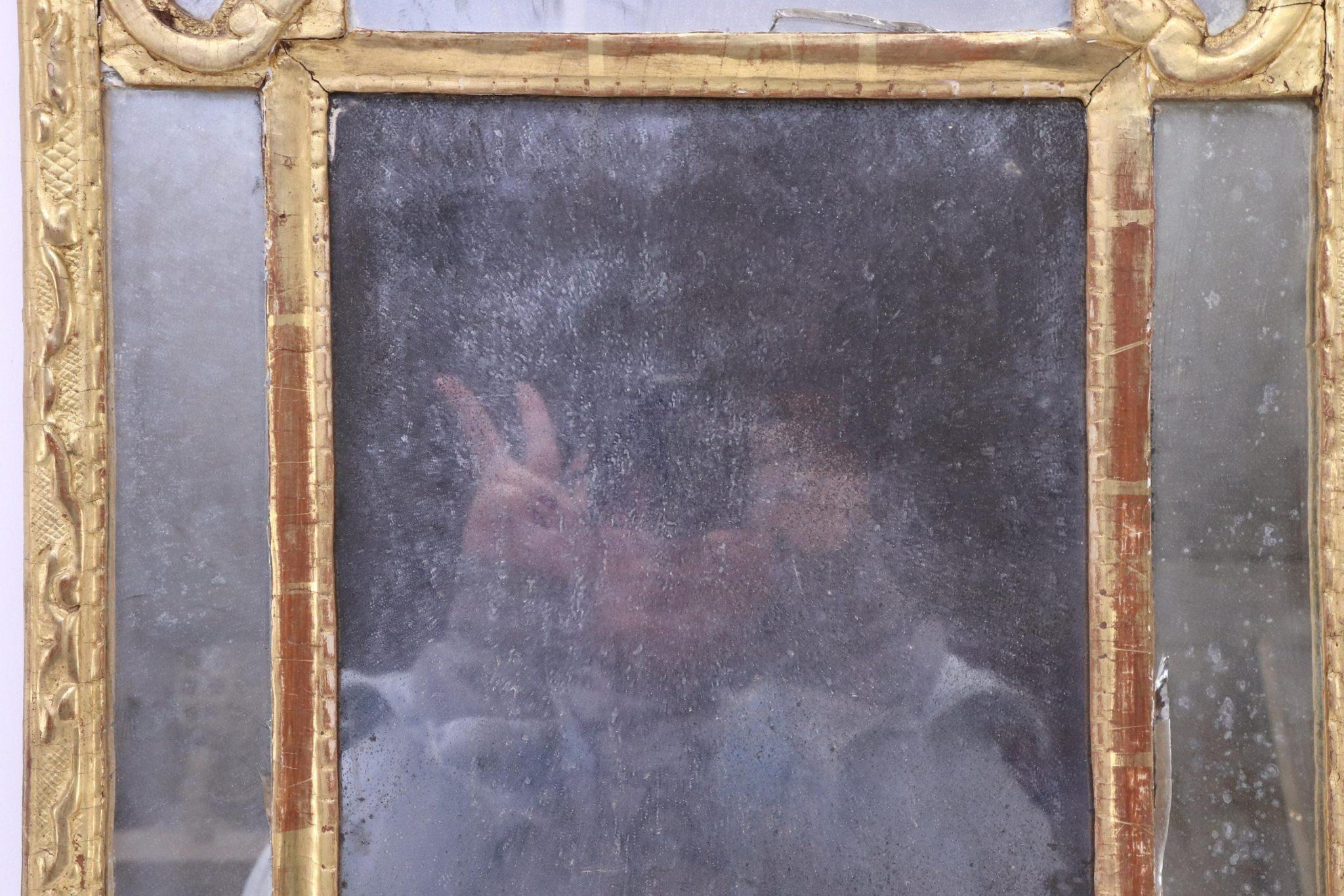 18th century European neoclassical style giltwood mirror with decorative corner motifs, bordered by 4 separate slips. From the estate of Richard I. Johnson of Chestnut Hill, Massachusetts. Gilding is chipped and 3 mirrored slips are cracked.