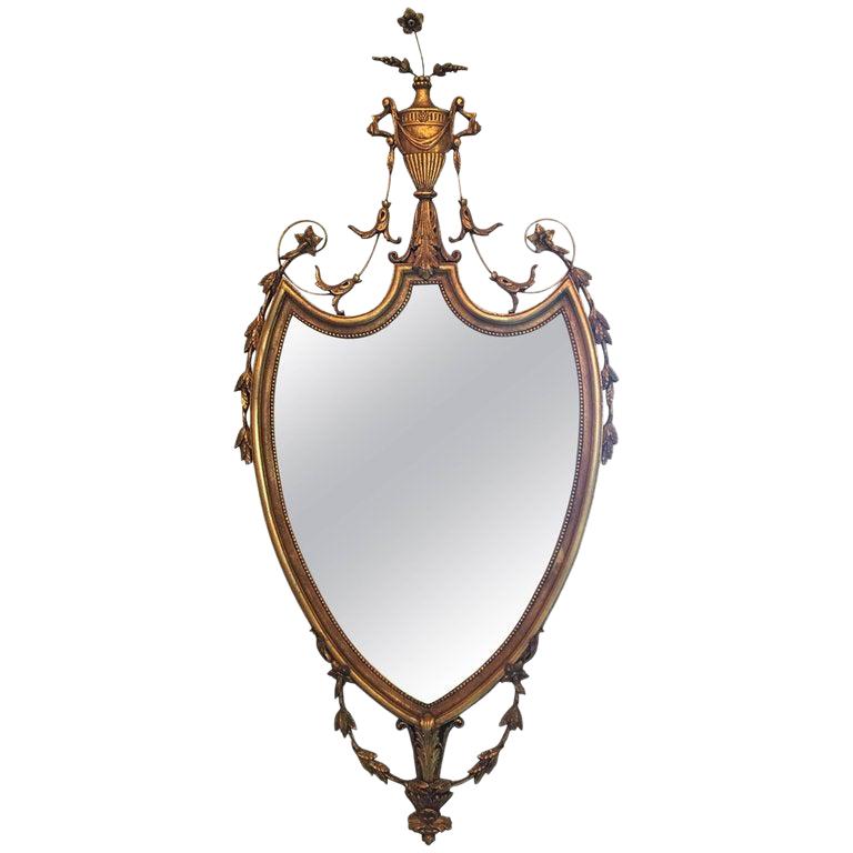 Giltwood Mirror with a Decorative Basket of Flowers at Top, 20th Century For Sale