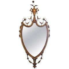 Giltwood Mirror with a Decorative Basket of Flowers at Top, 20th Century