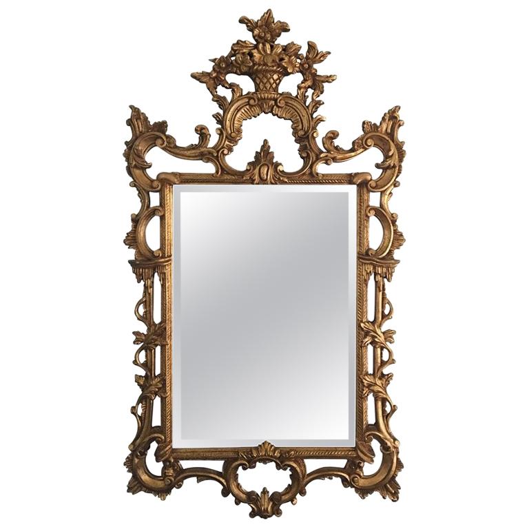 Giltwood Mirror with a Decorative Floral Basket at Top, 20th Century For Sale