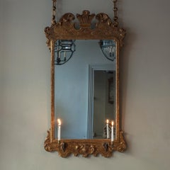Giltwood Mirror with Brass Swan Neck Candle Sconces, 18th Century