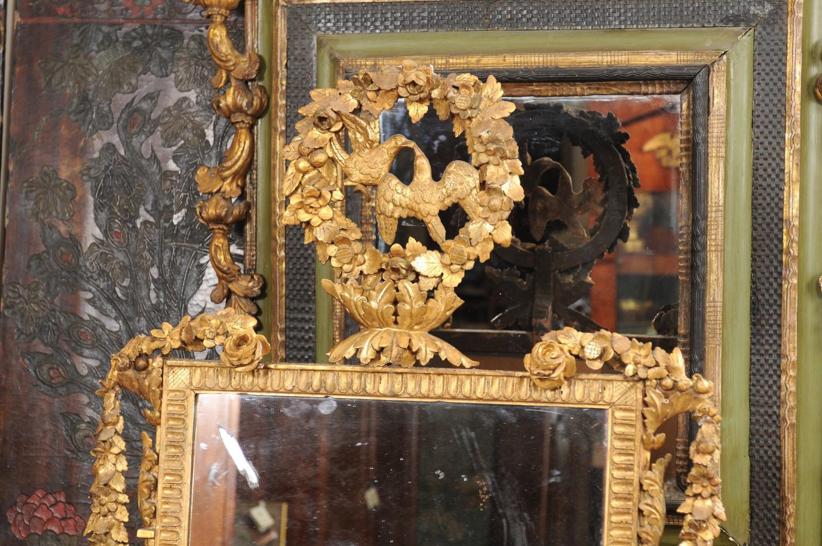 Giltwood Mirror with Rose Garland & Kissing Doves Crest, 19th Century Italy In Good Condition For Sale In Atlanta, GA