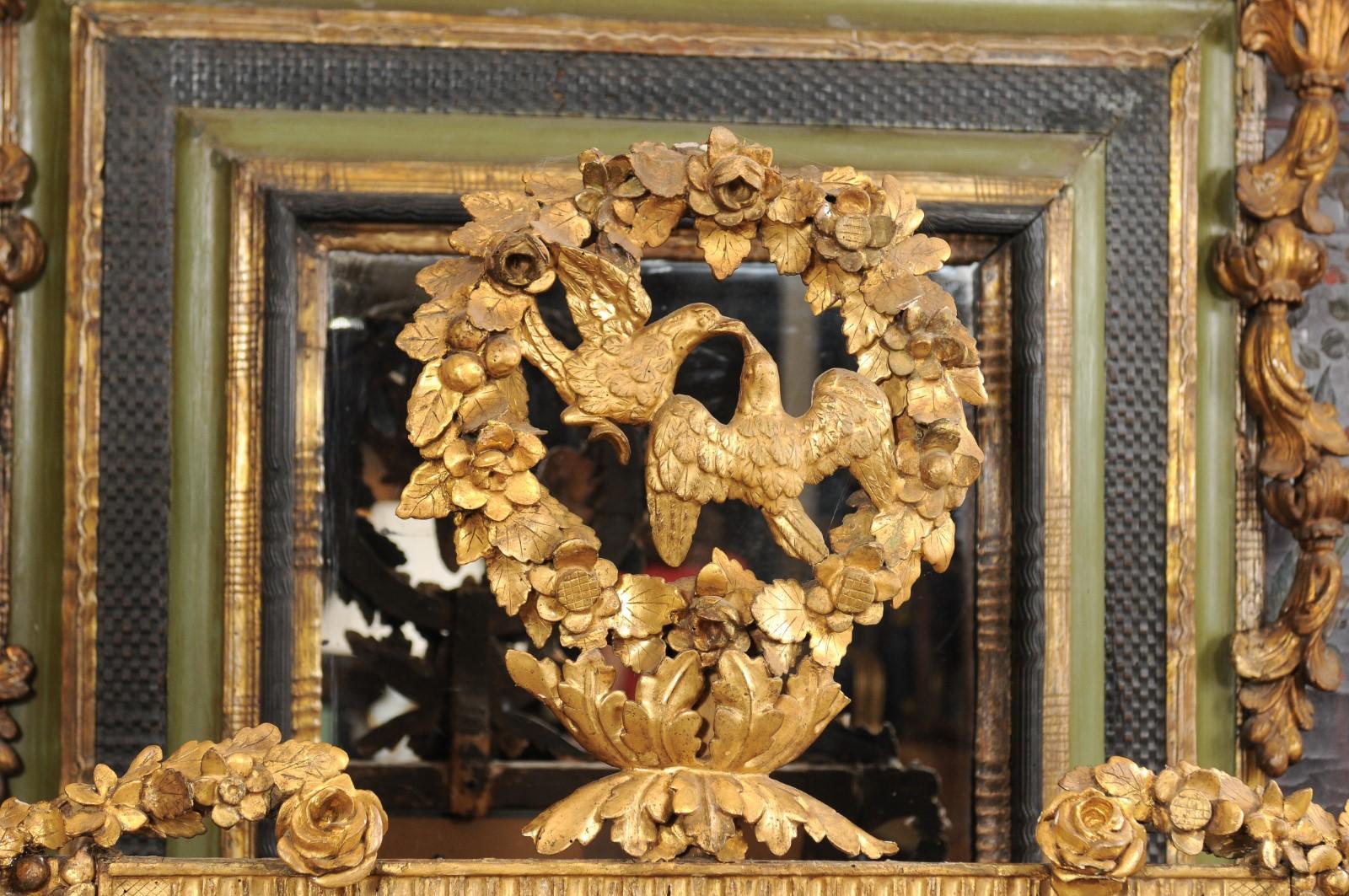 Giltwood Mirror with Rose Garland & Kissing Doves Crest, 19th Century Italy For Sale 5