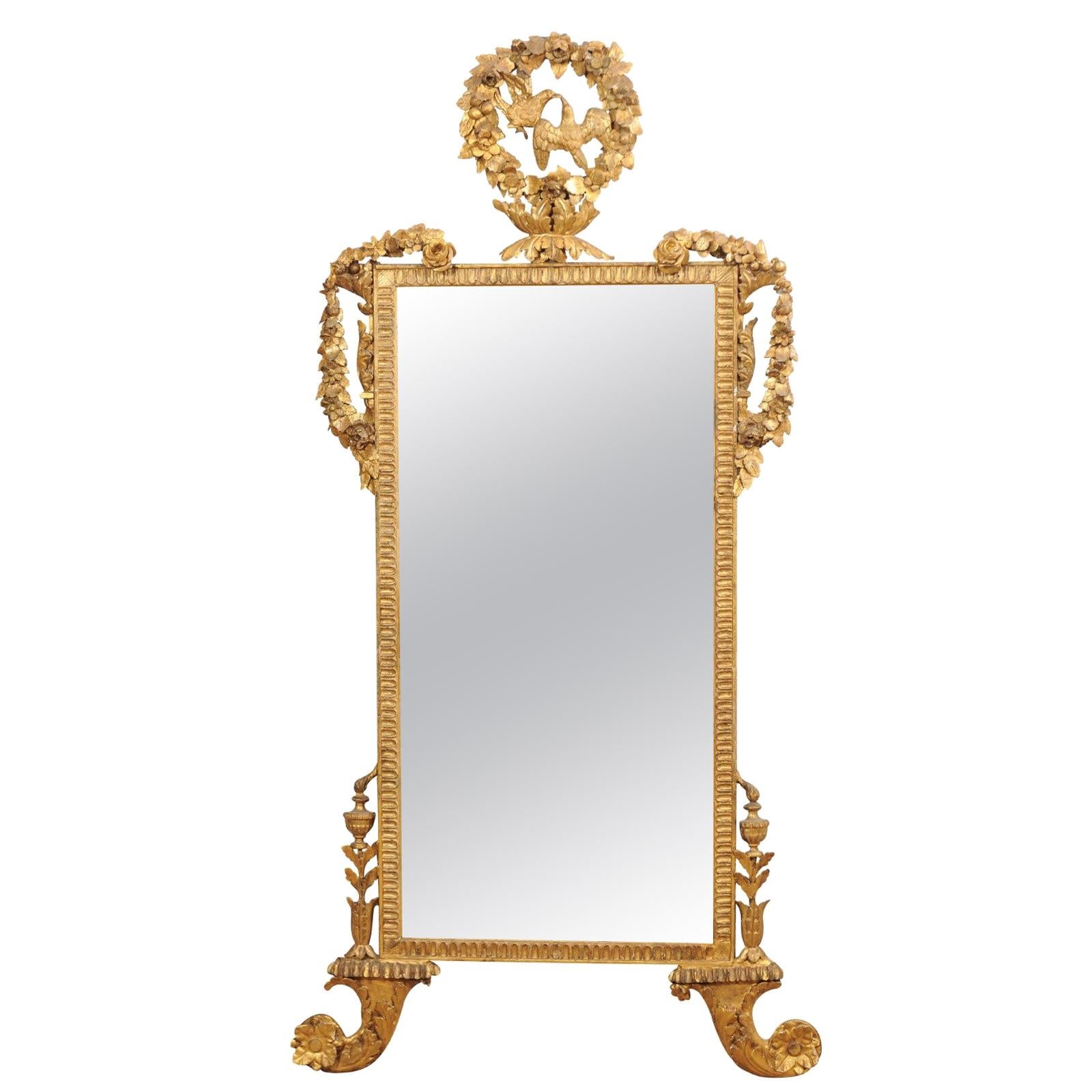 Giltwood Mirror with Rose Garland & Kissing Doves Crest, 19th Century Italy