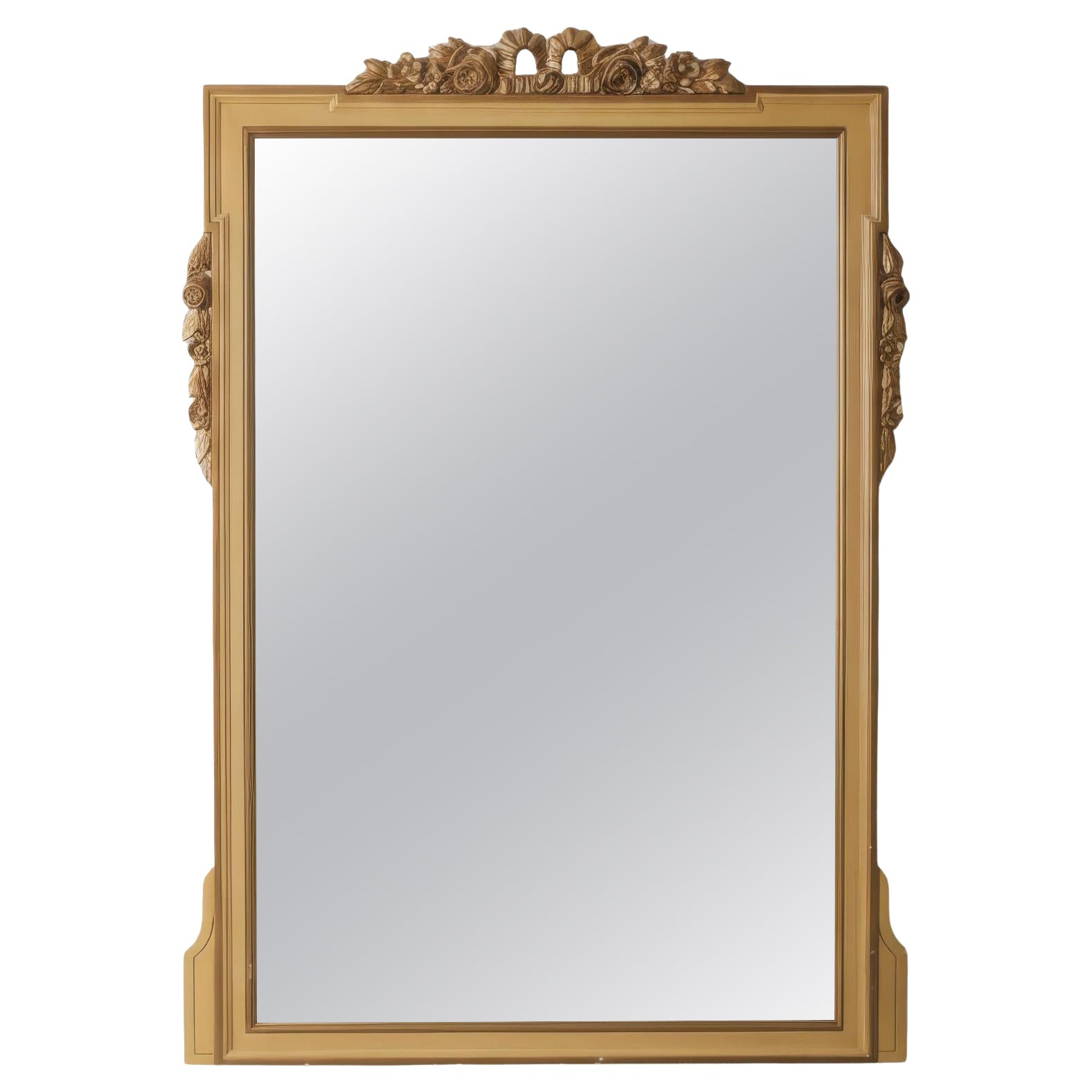 Miroir rectangulaire de style néoclassique en bois doré avec laurier et écusson floral