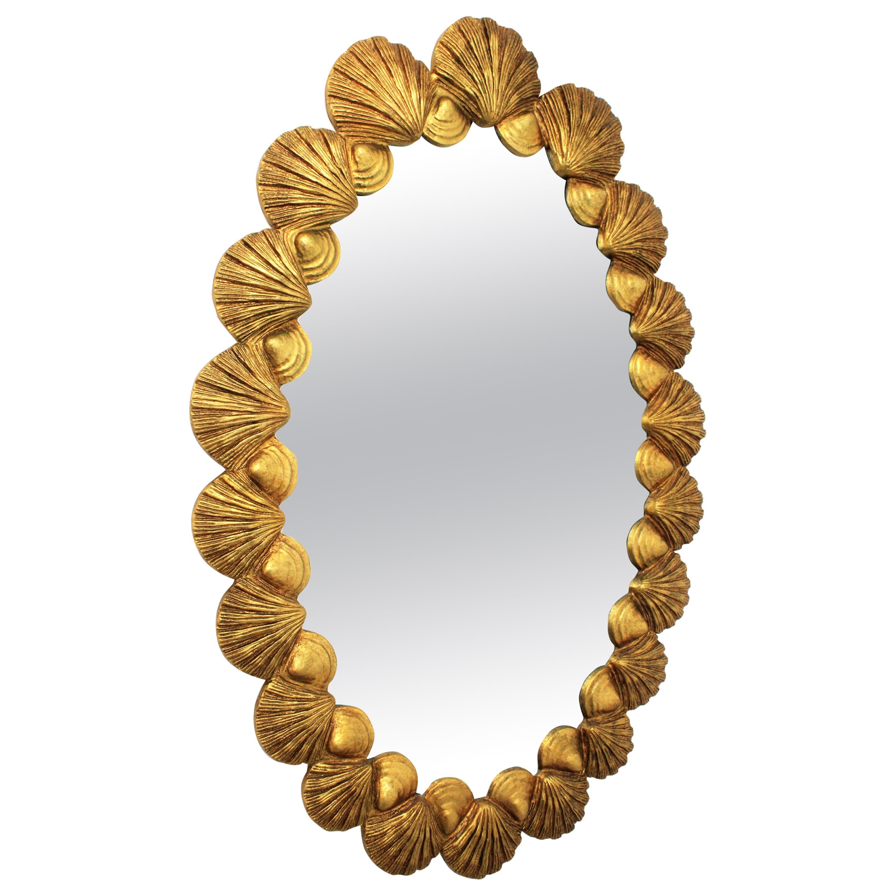 Giltwood Oval Carved Shell Mirror by Francisco Hurtado