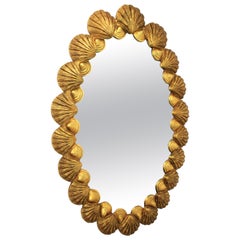 Vintage Giltwood Oval Carved Shell Mirror by Francisco Hurtado