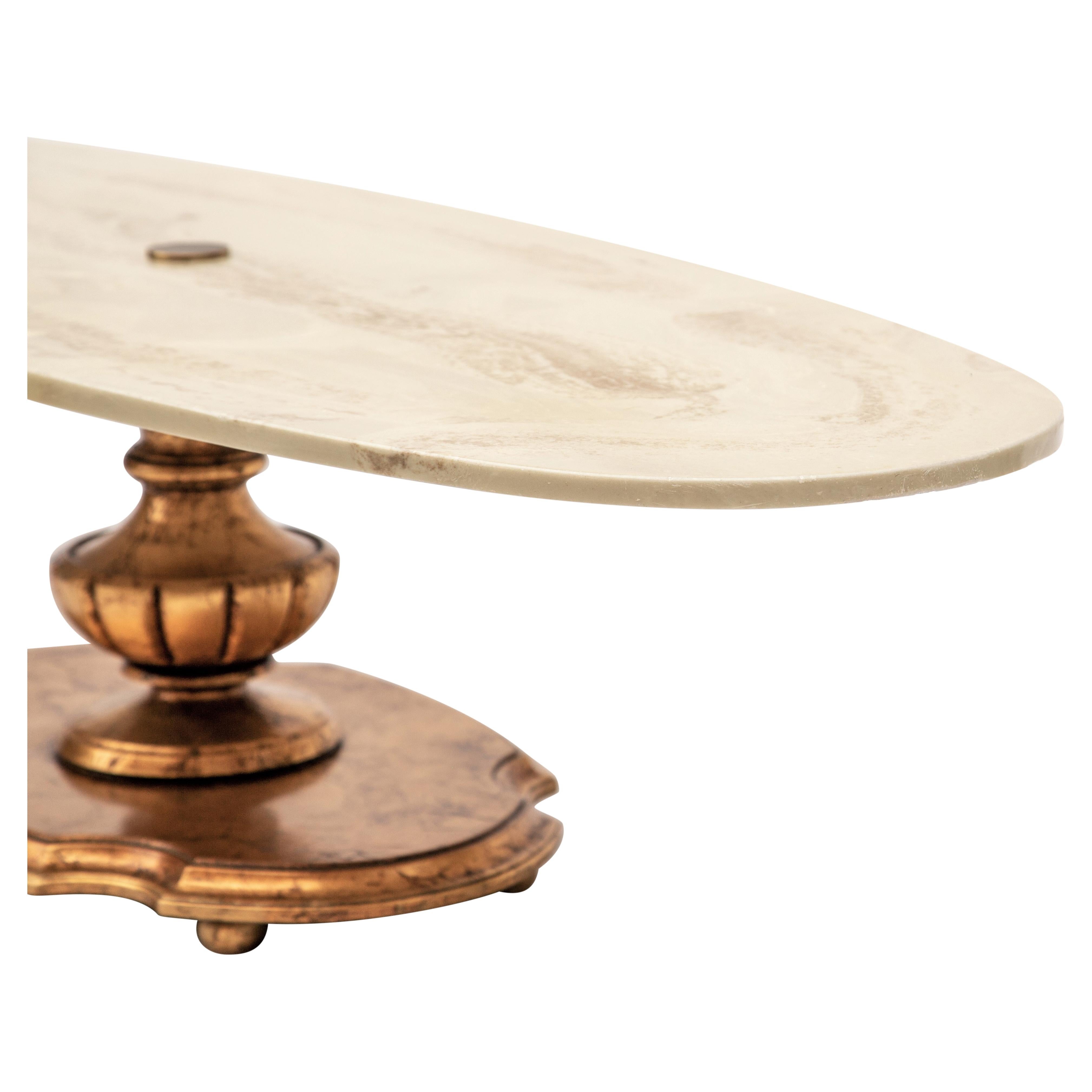 Brass Giltwood Pedestal Coffee Table with Oval Faux-Marble Top