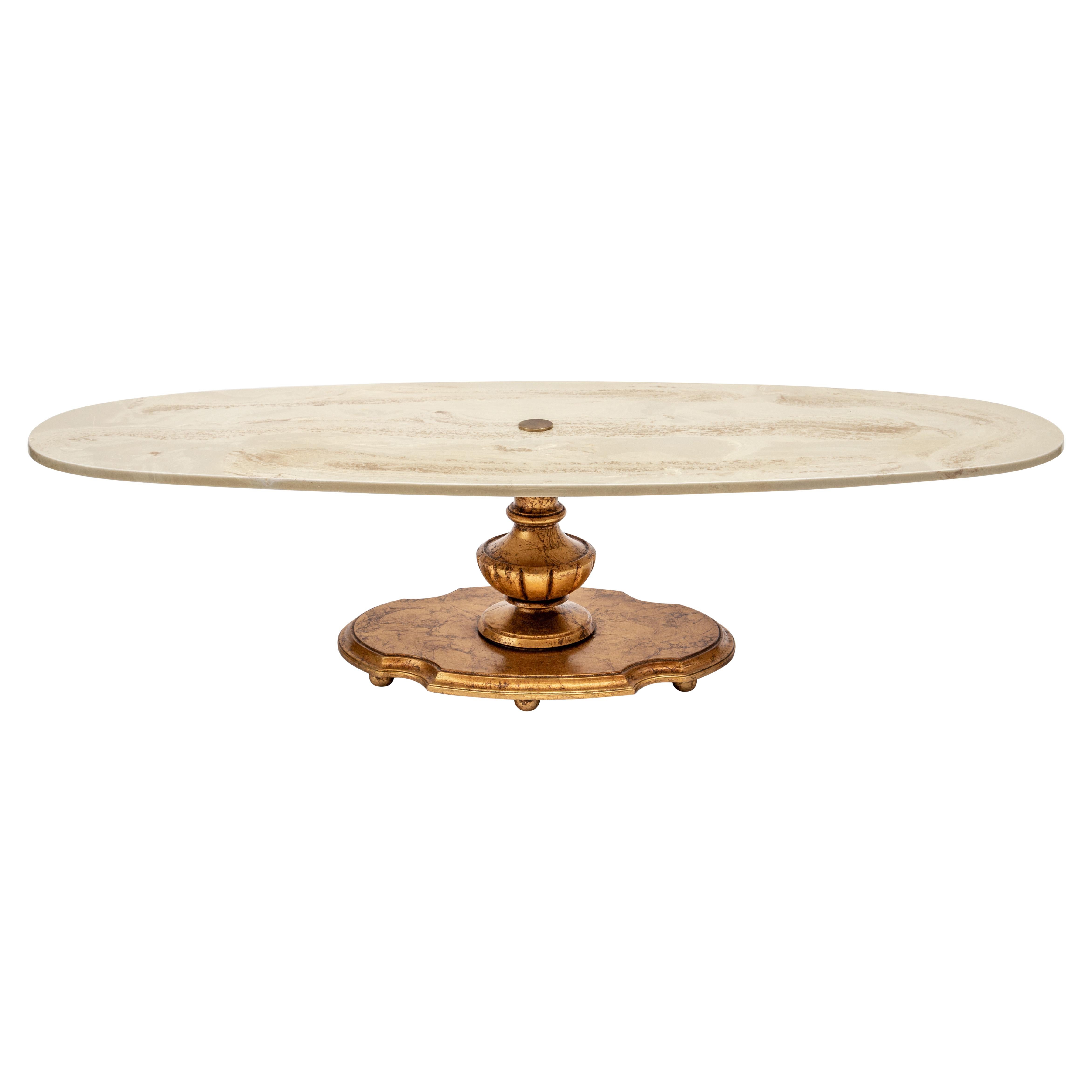 Giltwood Pedestal Coffee Table with Oval Faux-Marble Top 2