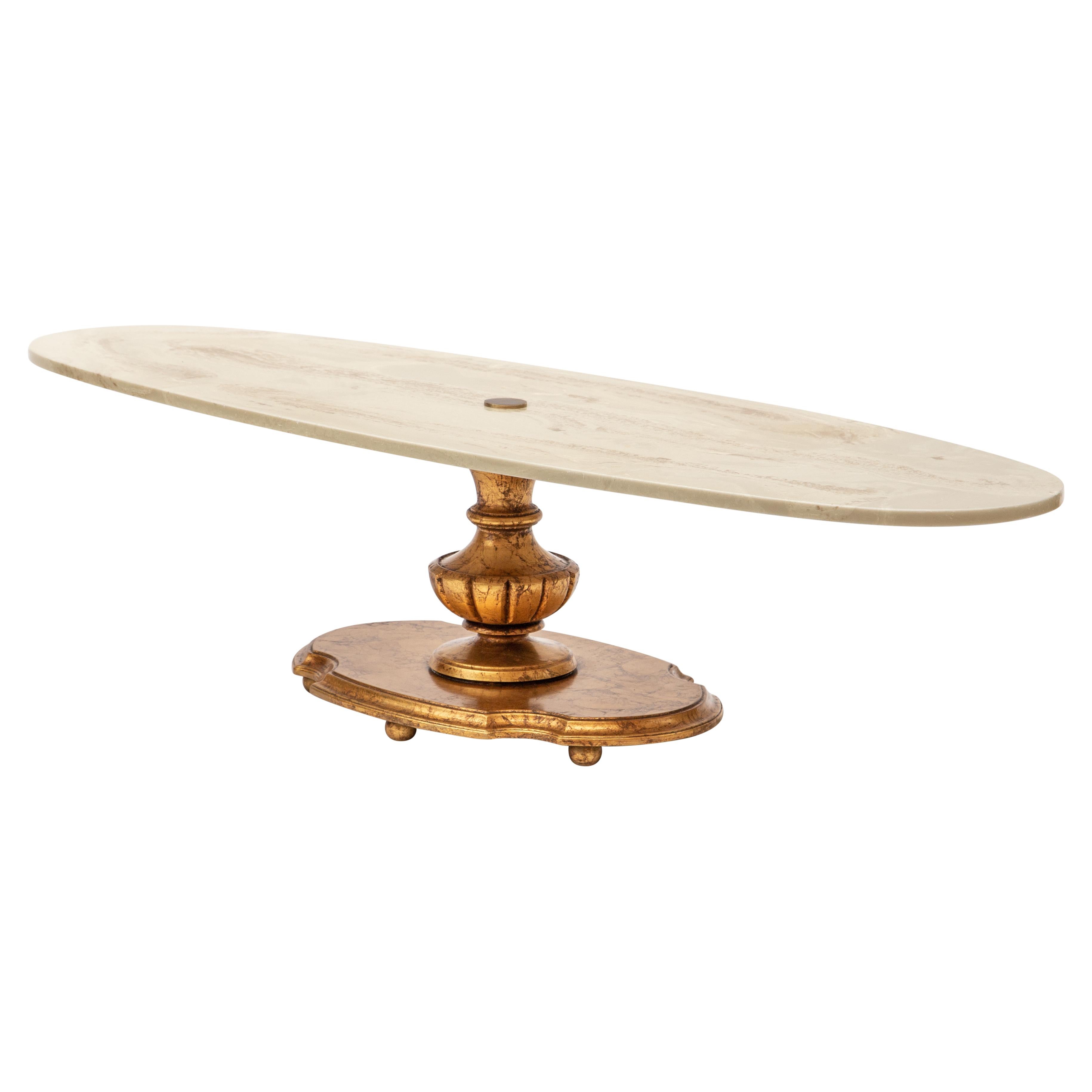 20th Century Giltwood Pedestal Coffee Table with Oval Faux-Marble Top