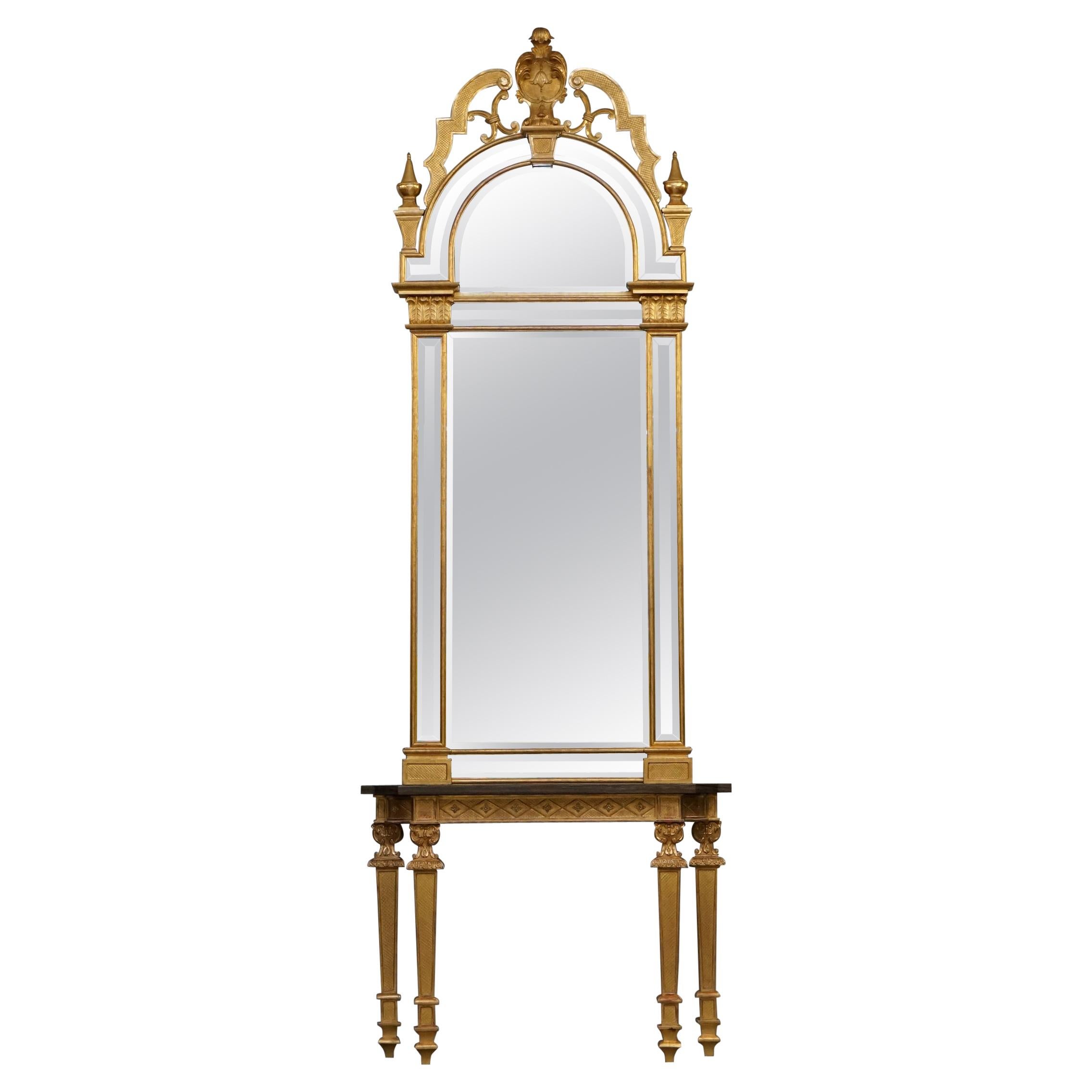 Giltwood Pier Mirror 
Quad Pedestal Leg Marble Topped Table after Robert Adam