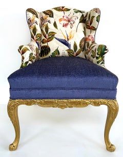 Giltwood Recently Upholstered Wingback Armchair With Floral Print Fabric