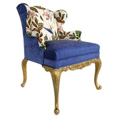 Giltwood Recently Upholstered Wingback Armchair With Floral Print Fabric