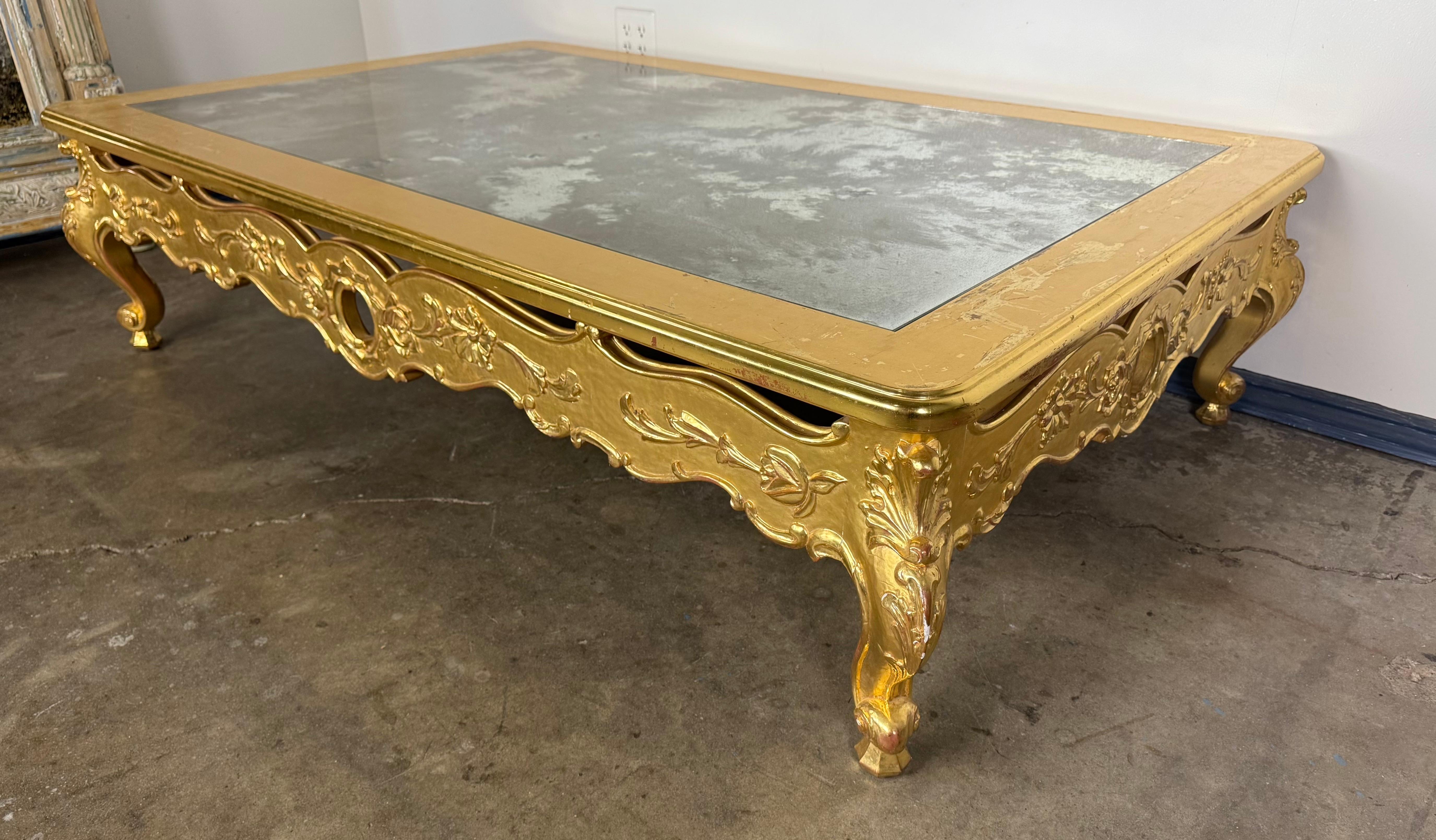 Giltwood Rococo Coffee Table with Antiqued Mirrored Top For Sale 2