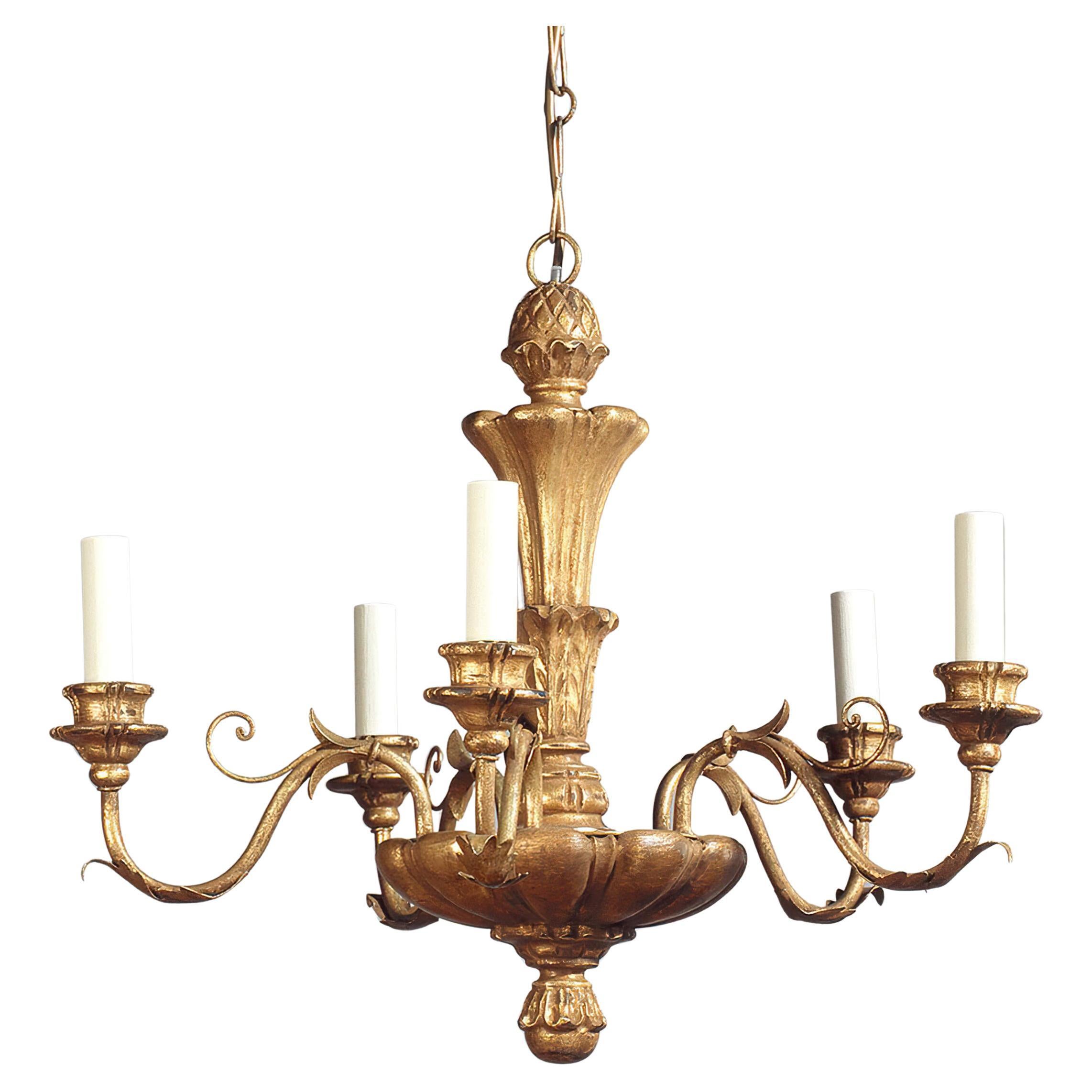 Giltwood Rococo Five Light Chandelier For Sale