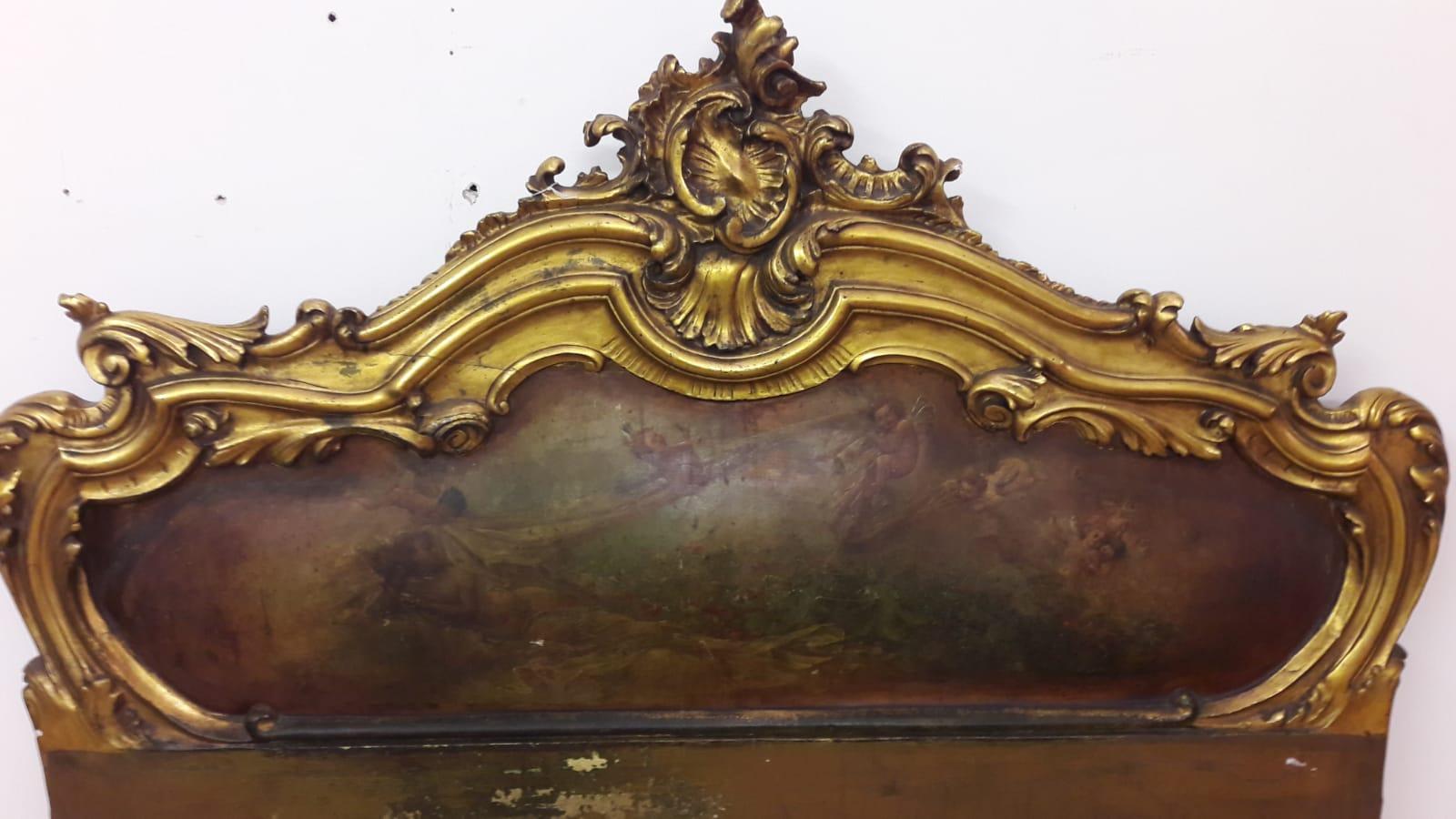 Hand-Painted Giltwood Rococo Style French Bed with Painted Panels