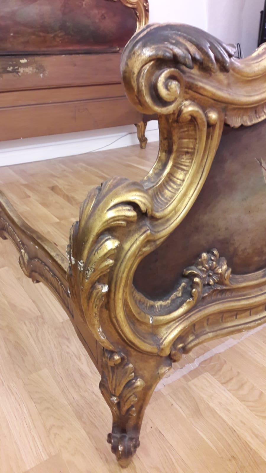 Giltwood Rococo Style French Bed with Painted Panels In Fair Condition In London, GB