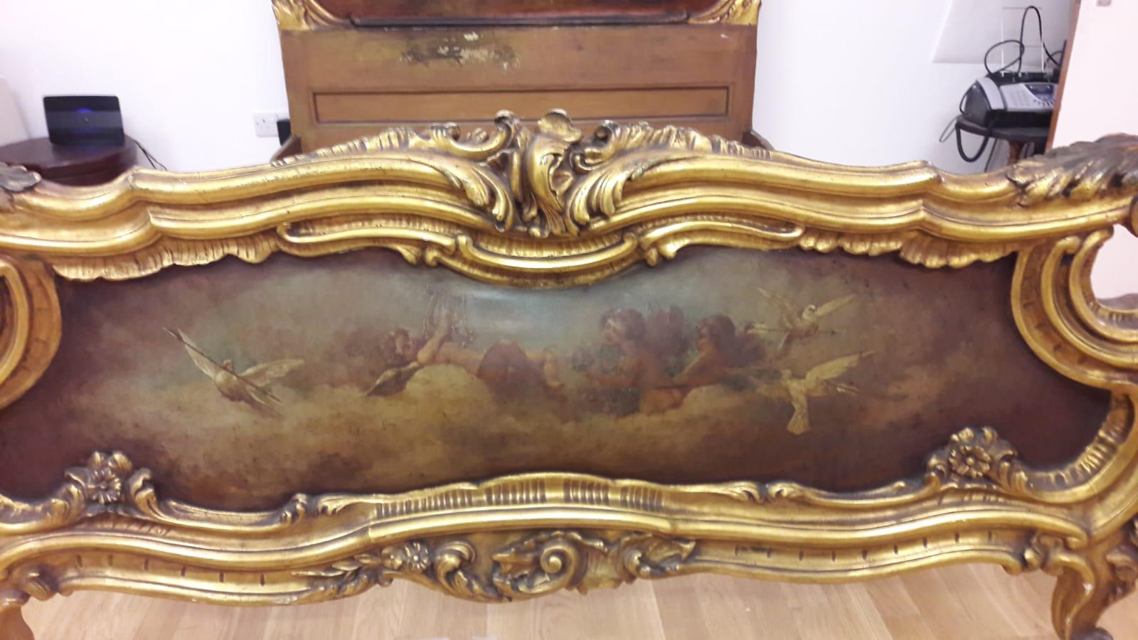 19th Century Giltwood Rococo Style French Bed with Painted Panels