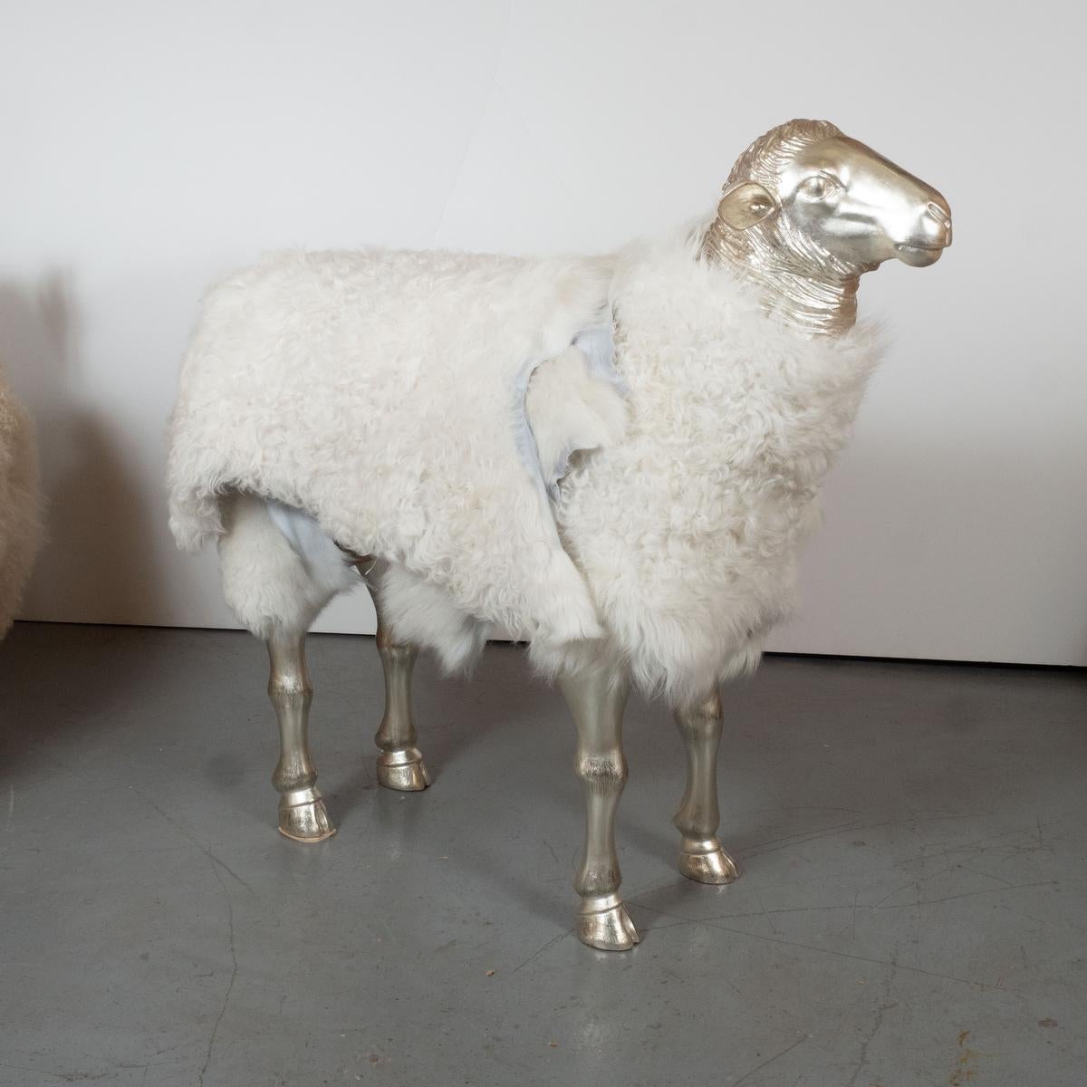 White gold finish woodcarving sculpture depicting a sheep by master woodworker Carlos Villegas