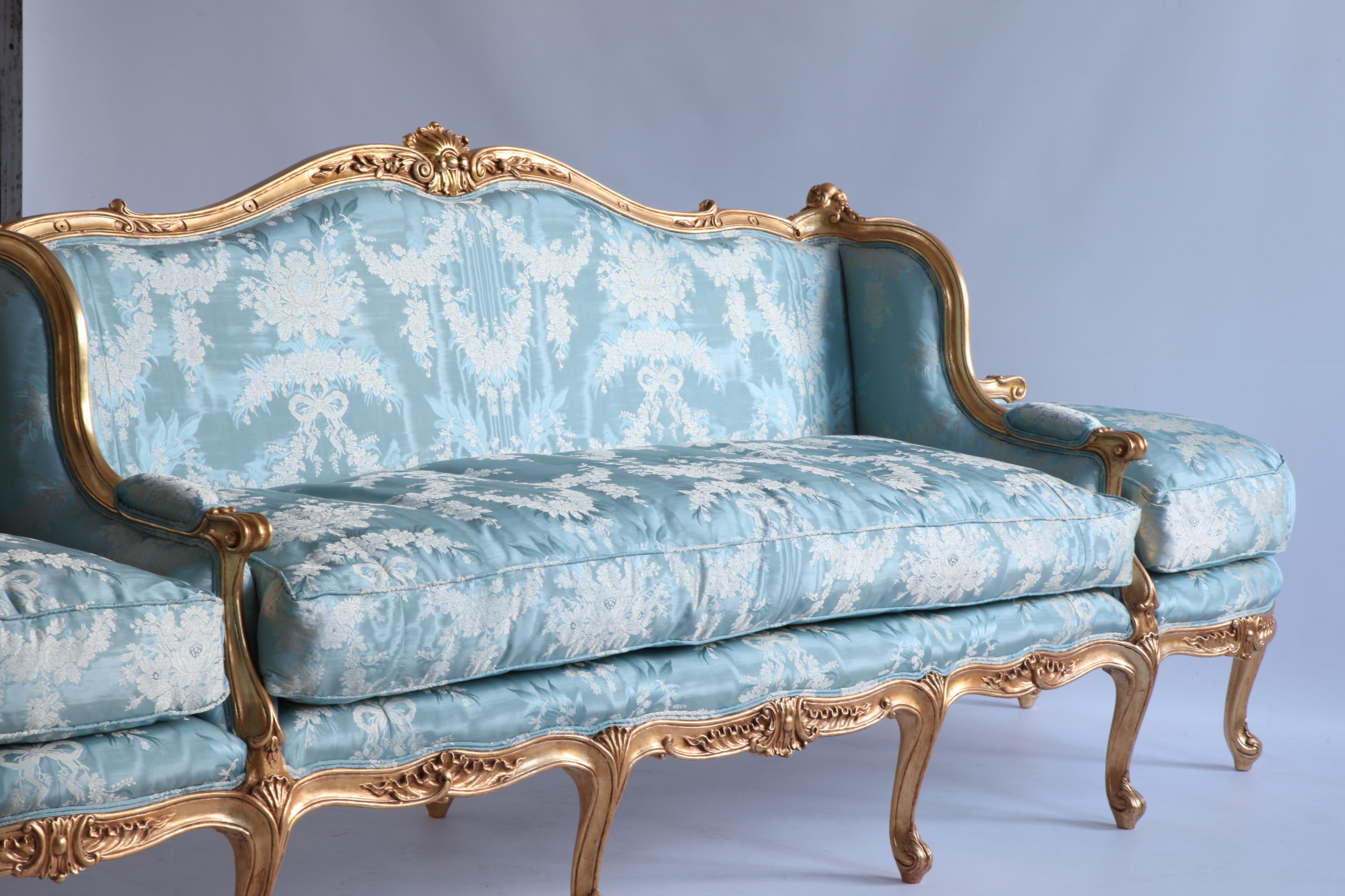 British Giltwood Sofa Hand Carved in the Louis XV Style For Sale