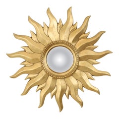 Giltwood Sunburst Convex Mirror, Carved Flames, France, 1950s