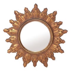 Miroir « Sunburst » en bois doré, 24" de diamètre, style Hollywood Regency, fabrication italienne, superbe patine