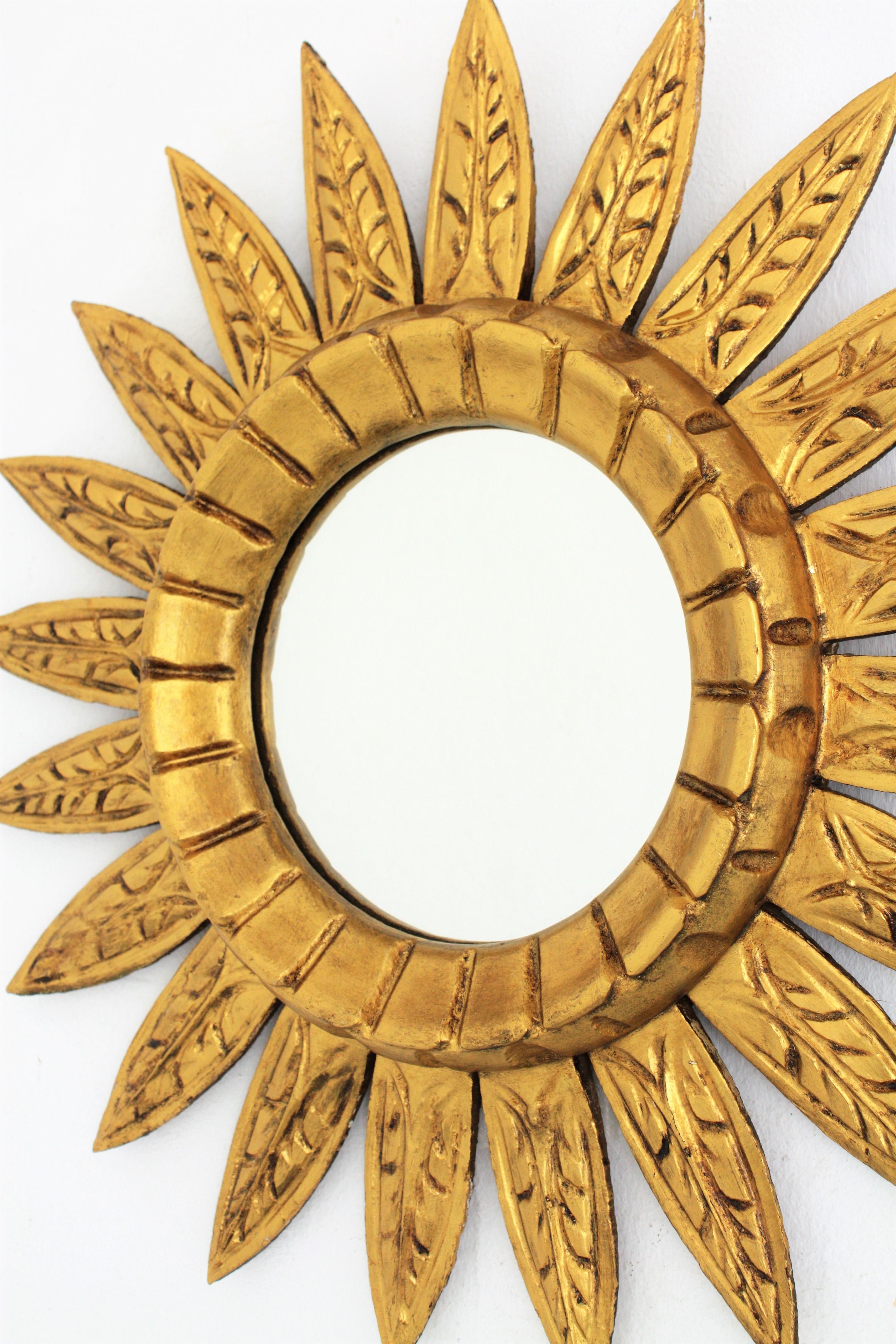 Spanish Sunburst Flower Mirror in Giltwood, Spain, 1950s For Sale