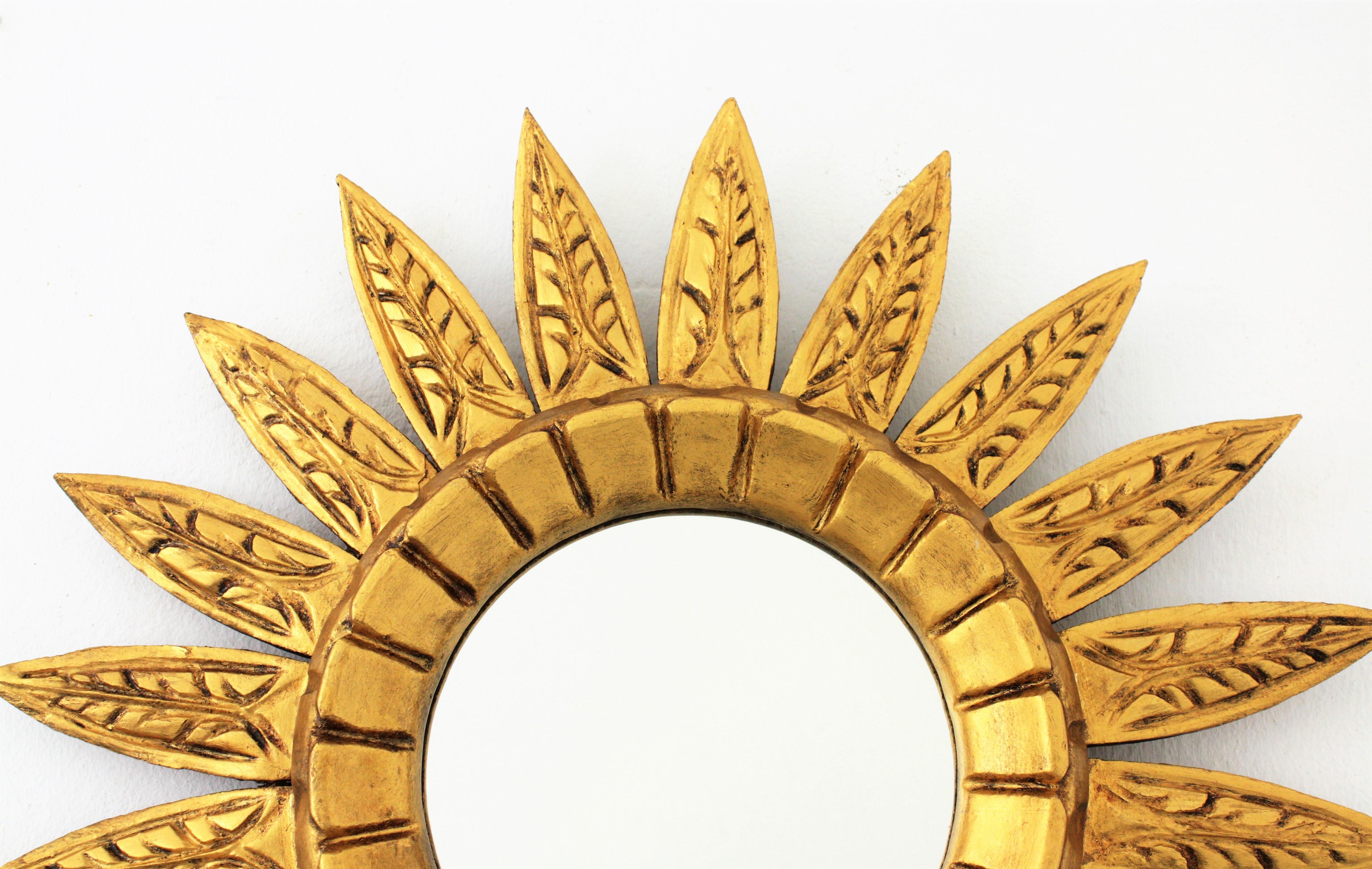 20th Century Sunburst Flower Mirror in Giltwood, Spain, 1950s For Sale