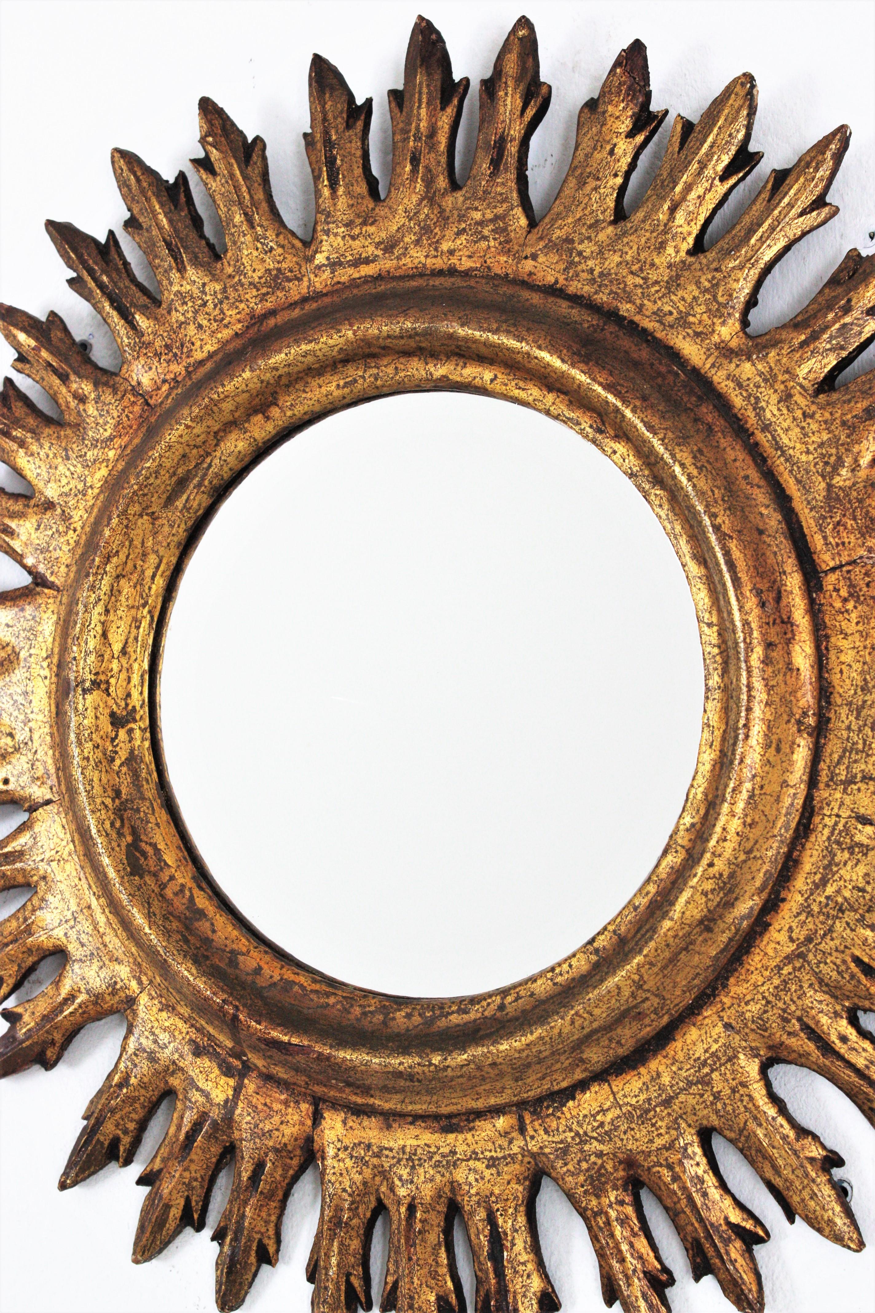 Hand-Crafted Sunburst Giltwood Mirror, Spain, 1960s For Sale