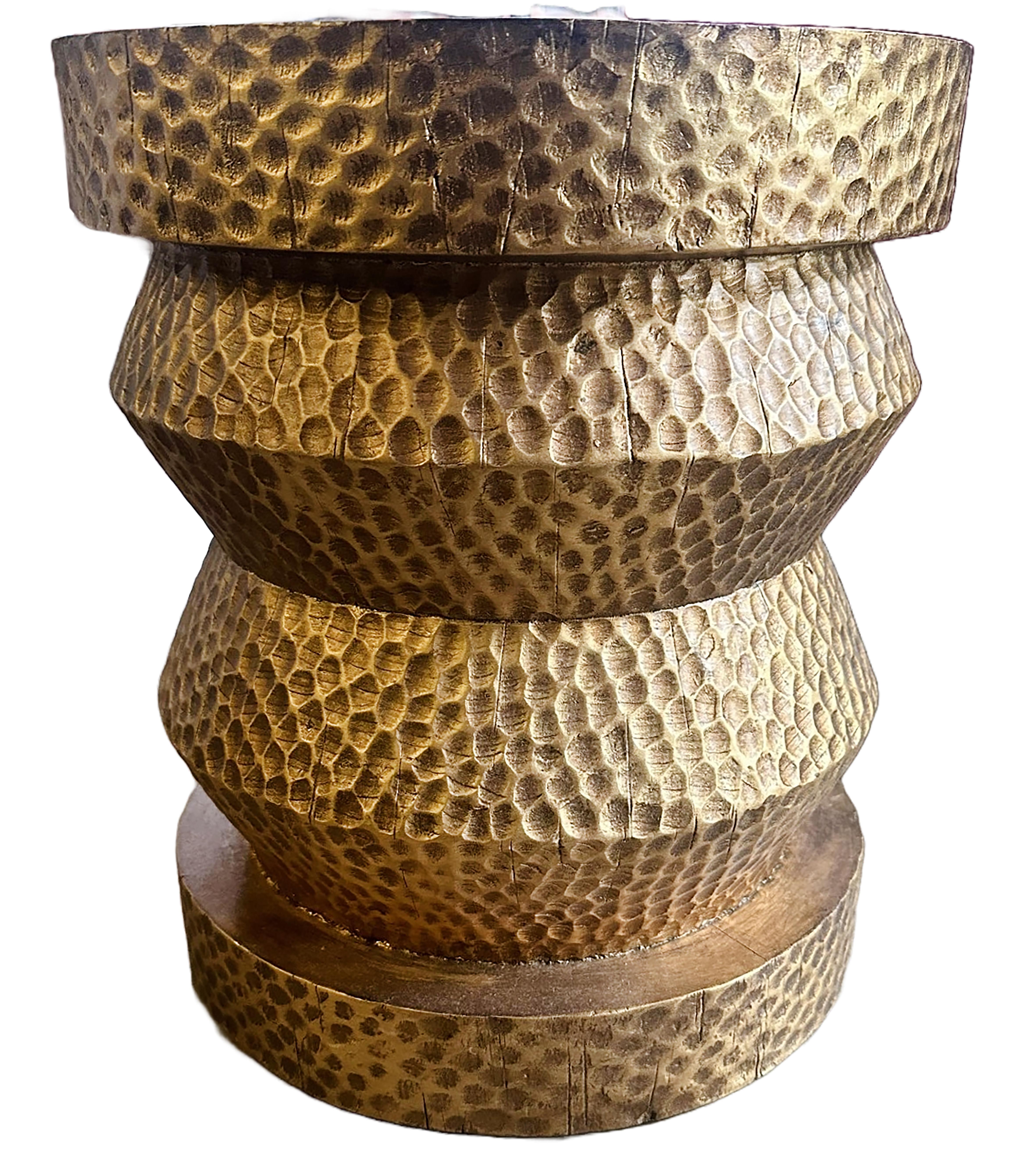 A charming giltwood taboret with a chisel textured body and a mirrored glass top.  Also referred to as a ‘Z Stool’ or a ‘Hame Stool’ with a ‘Peanut Shell’ finish. Solid bottom with three plastic stoppers. 20th Century made.

Small oval-shaped ‘Made