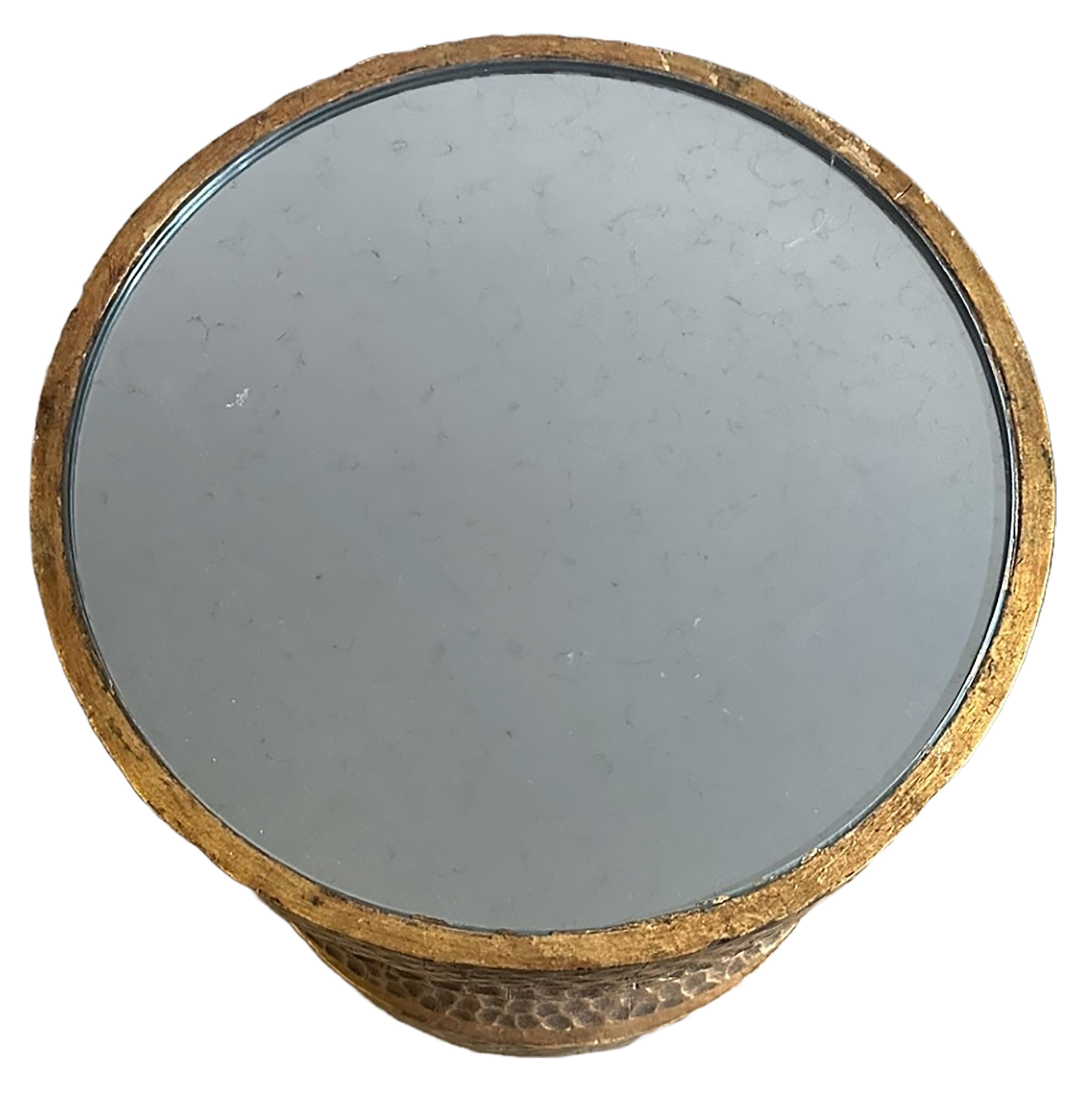 Giltwood Taboret with textured Zig Zag Body and a Mirrored Top In Good Condition For Sale In Dallas, TX