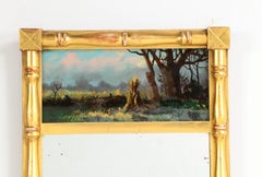 Giltwood Trumeau Mirror with Glass Reverse Painted Landscape, American 1800s