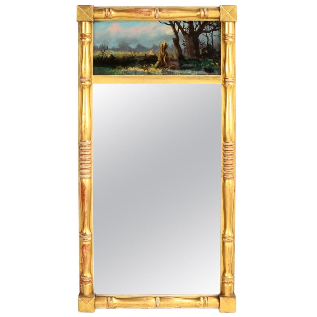 Giltwood Trumeau Mirror with Glass Reverse Painted Landscape, American 1800s For Sale